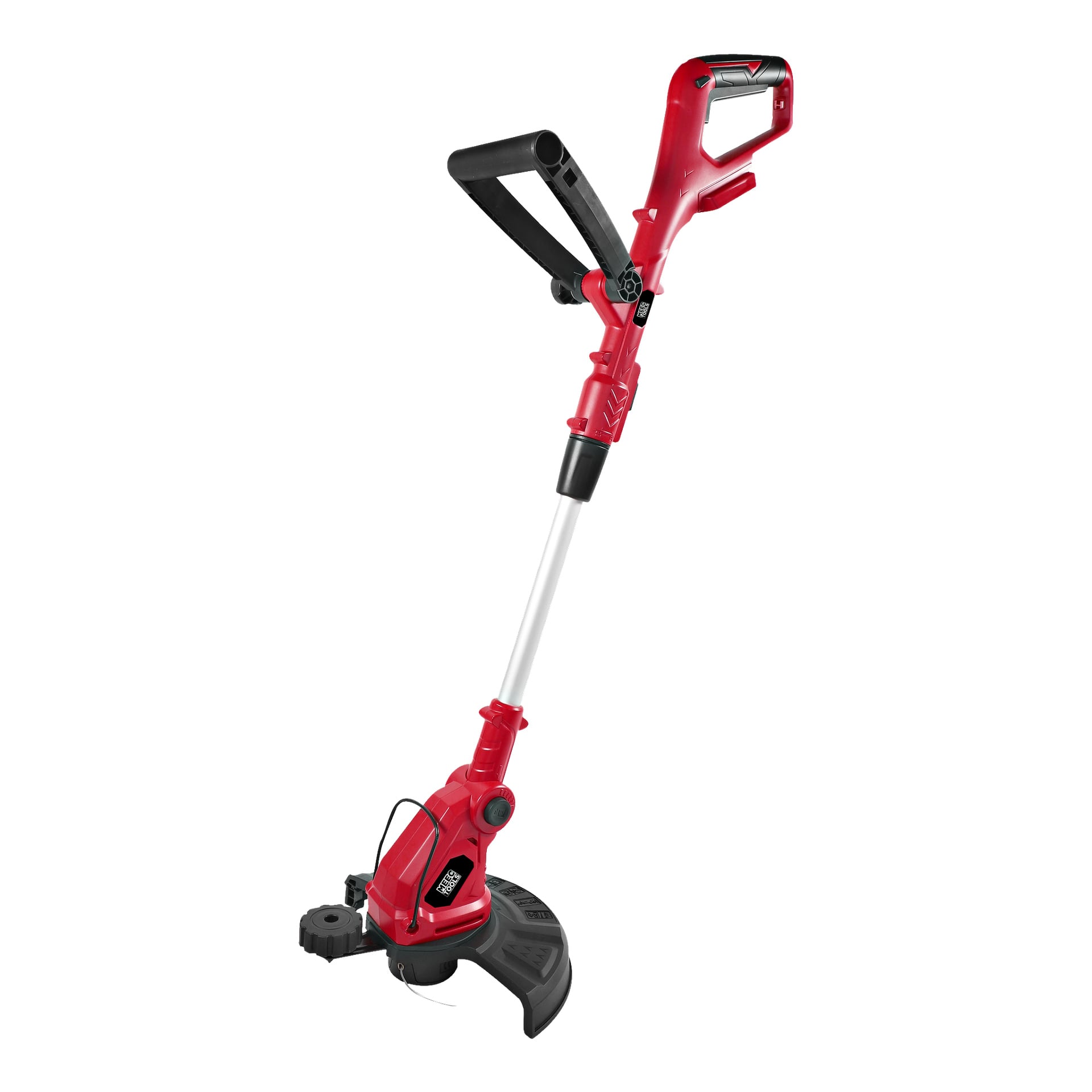En röd och svart Meec Tools Multiseries batteridriven grästrimmer GT-18V HOME 500 står upprätt och visar upp sitt långa silverskaft, justerbart handtag och ett skyddande skydd över klipphuvudet. Trimmern ser fläckfri och oanvänd ut.
