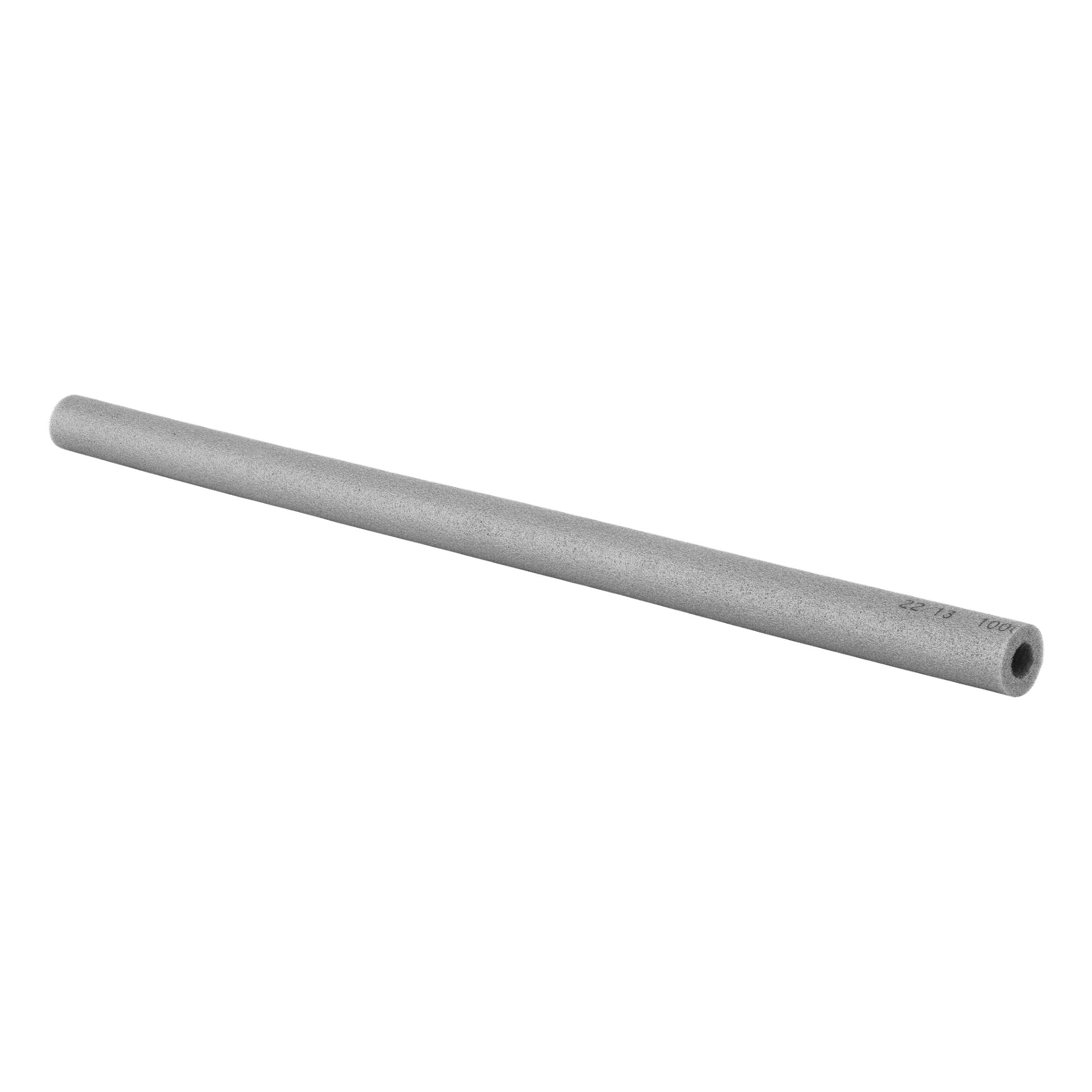 Ett cylindriskt grått Hard Head rörisoleringsrör med ihålig mittpunkt och texturerad yta, med små tryckta siffror nära ena änden.