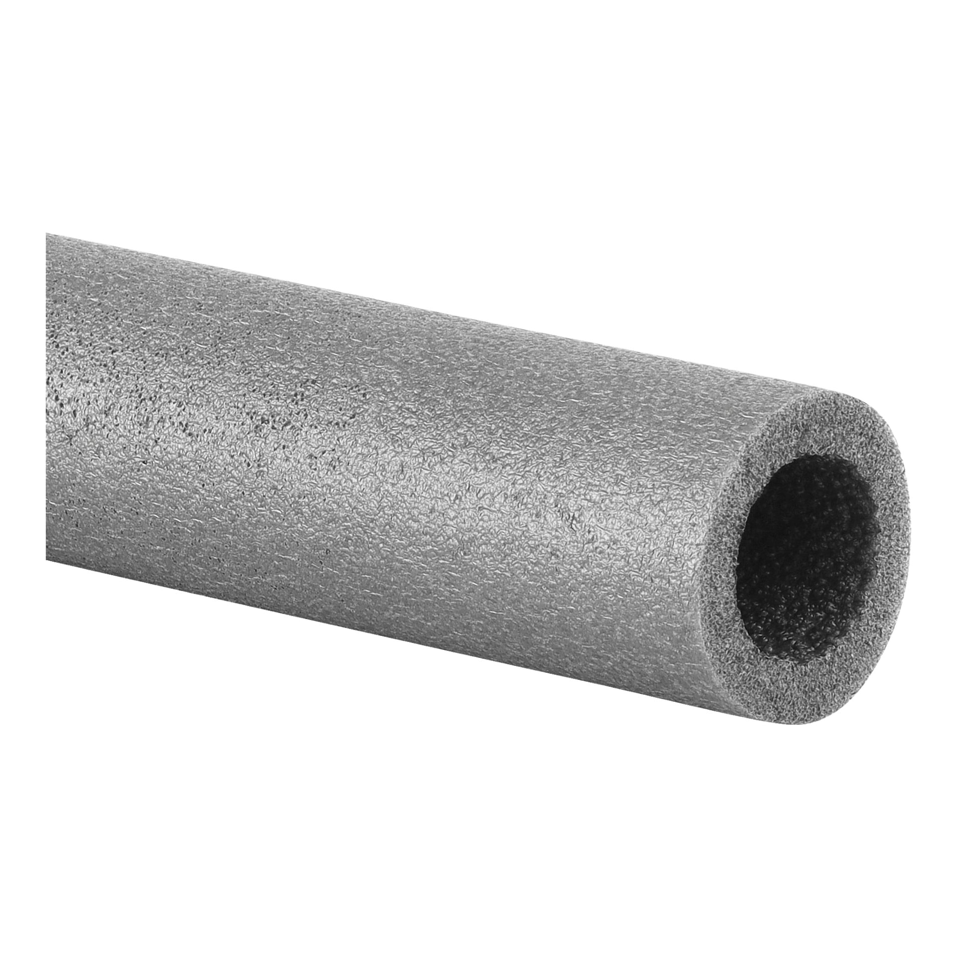 En närbild på ett grått Hard Head rörisoleringsrör med cylindrisk form, ihålig mittpunkt och texturerad yta.
