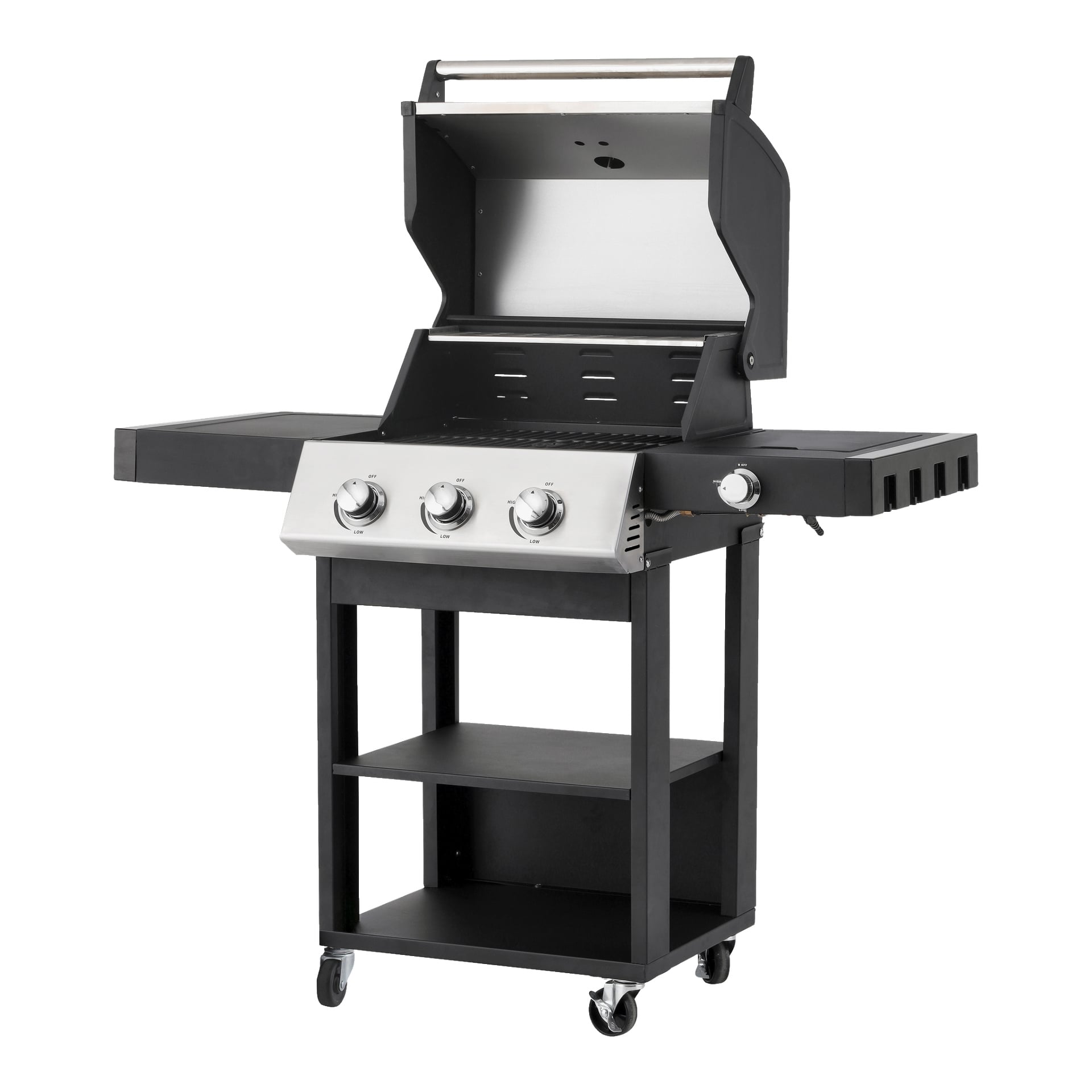 Burns & Barkles Gas Grill Steely King 5042B har ett modernt svart och silverfärgat utseende, utrustad med tre rattar, dubbla sidohyllor, en öppen förvaringssektion under och fyra hjul för rörlighet. Locket är upphöjt för att visa den stora kokytan och metallgallren.