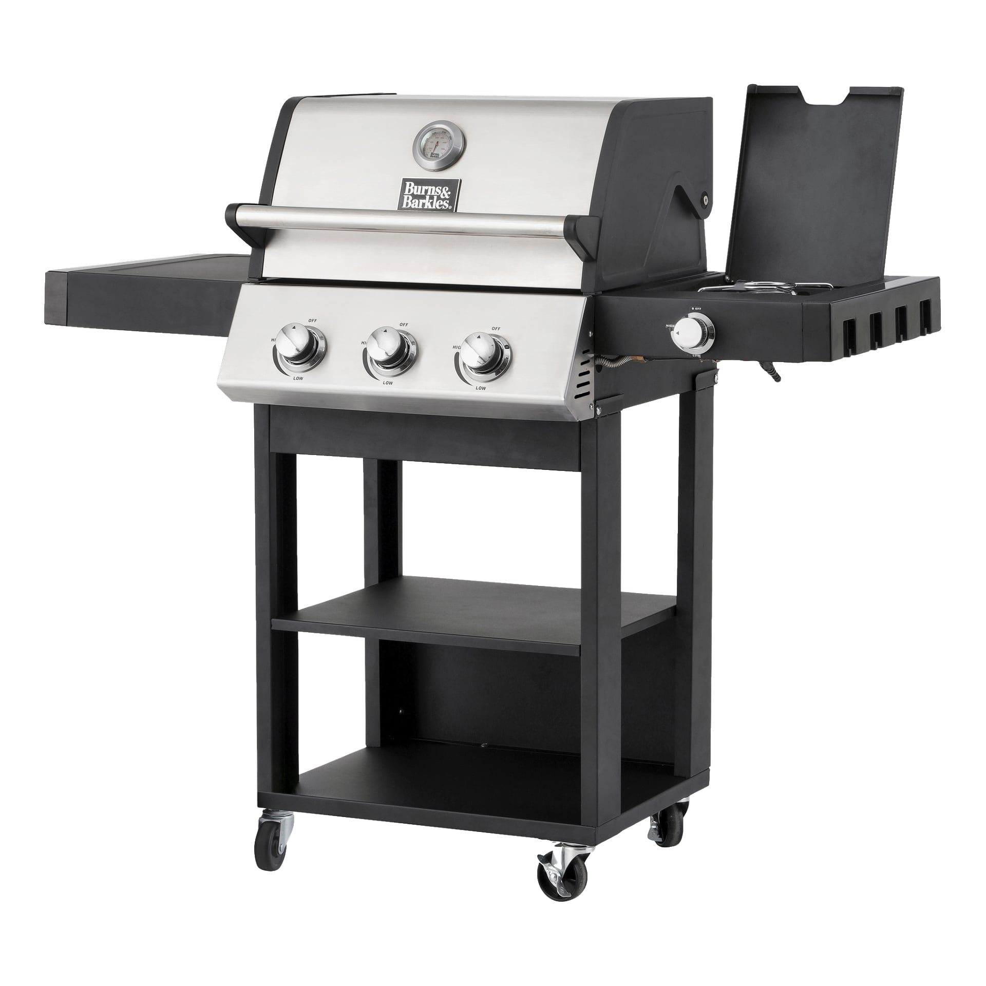 Gas Grill Steely King 5042B från Burns & Barkles är tillverkad av rostfritt stål och har tre huvudsakliga kontrollrattar, en sidobrännare, en sidohylla, två förvaringshyllor under grillområdet och hjul för enkel rörelse. Locket visar Burns & Barkles logotyp.