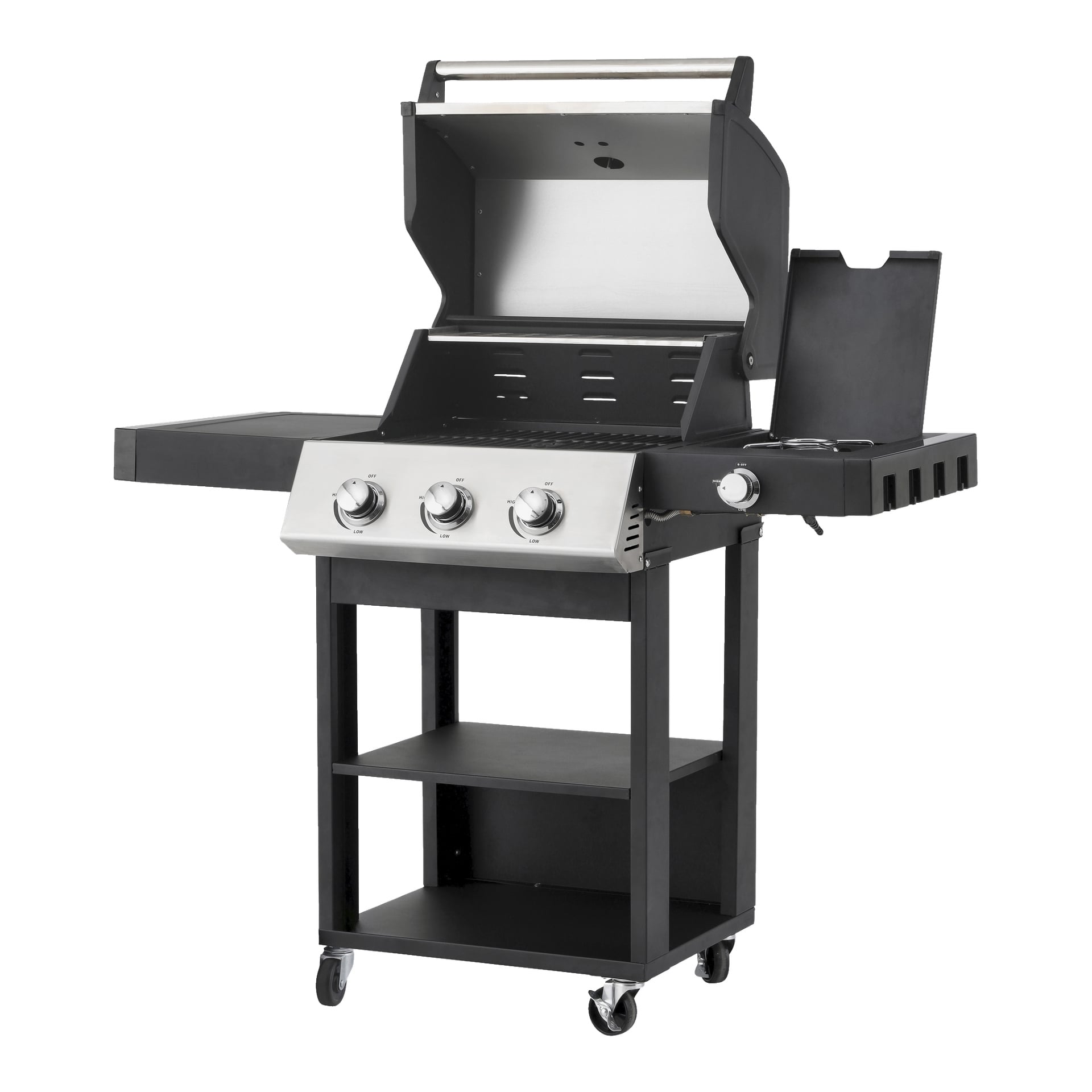 Burns & Barkles Gas Grill Steely King 5042B visar upp ett modernt svart och silverfärgat utseende, utrustat med tre rattar för att kontrollera värmen, ett öppet tak, två praktiska sidohyllor, ett stort förvaringsutrymme under och fyra hjul för enkel rörelse.