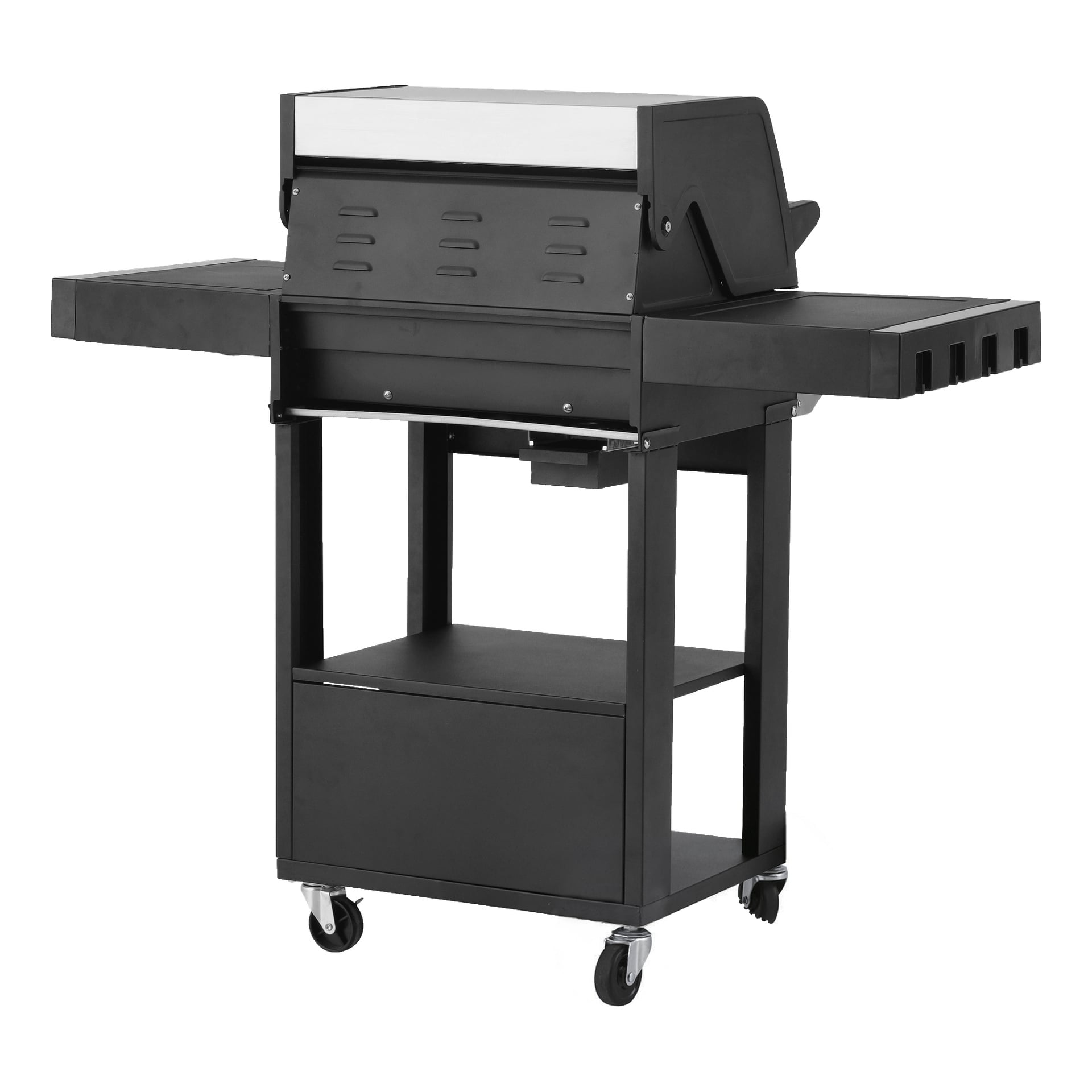 Burns & Barkles Gas Grill Steely King 5042B är en modern utomhusgrill i svart metall, designad med en rektangulär form. Den har två sidohyllor, ett stängt lock, ett lägre förvaringsställ och fyra hjul för rörlighet. Det finns också praktiska krokar fästa på höger sida.