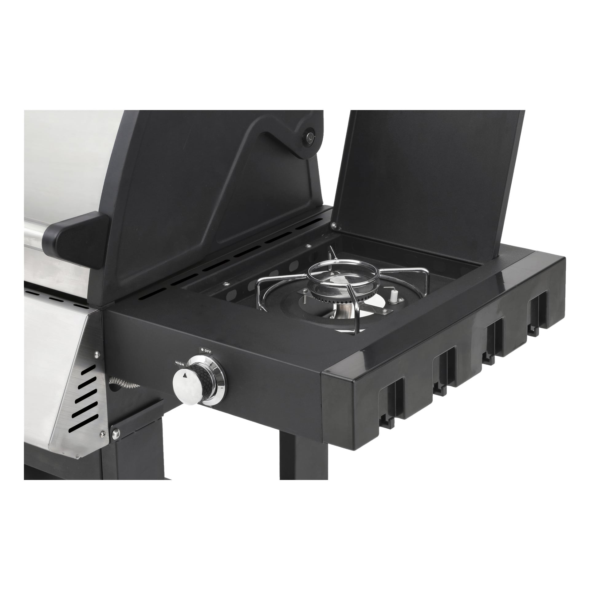 Detaljerad vy av Burns & Barkles Gas Grill Steely King 5042B, med framhävning av dess svarta och rostfria stålfasad. På höger sida finns en enda brännare med ett metallgaller och en intilliggande kontrollratt, byggd för utomhusgrillning. En del av den primära kokytan kan ses till vänster.