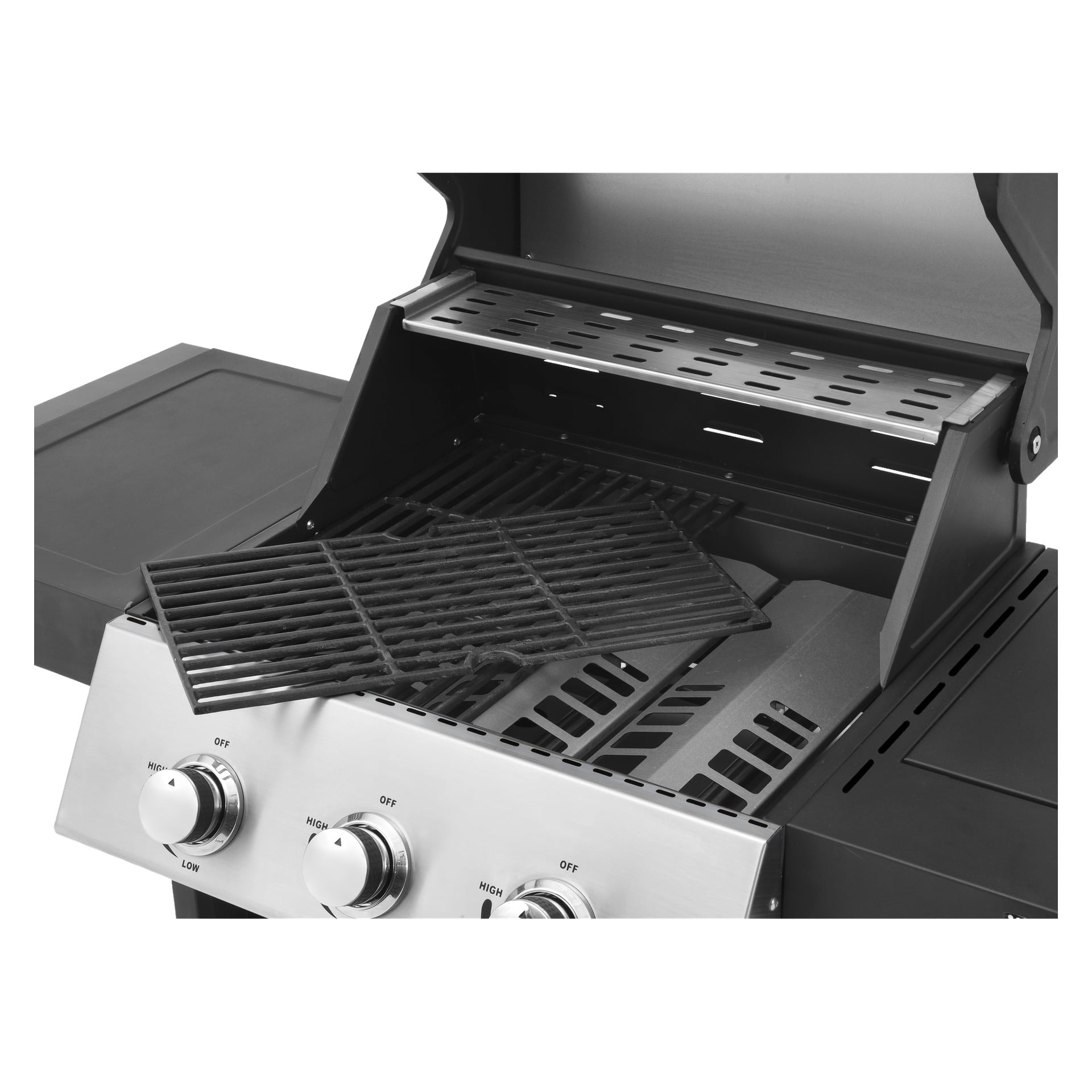 En detaljerad vy av Burns & Barkles Gas Grill Steely King 5042B visar locket öppet, med tre kontrollrattar och en övre värmeställning. En del av ett grillgaller höjs för att exponera plattorna under.
