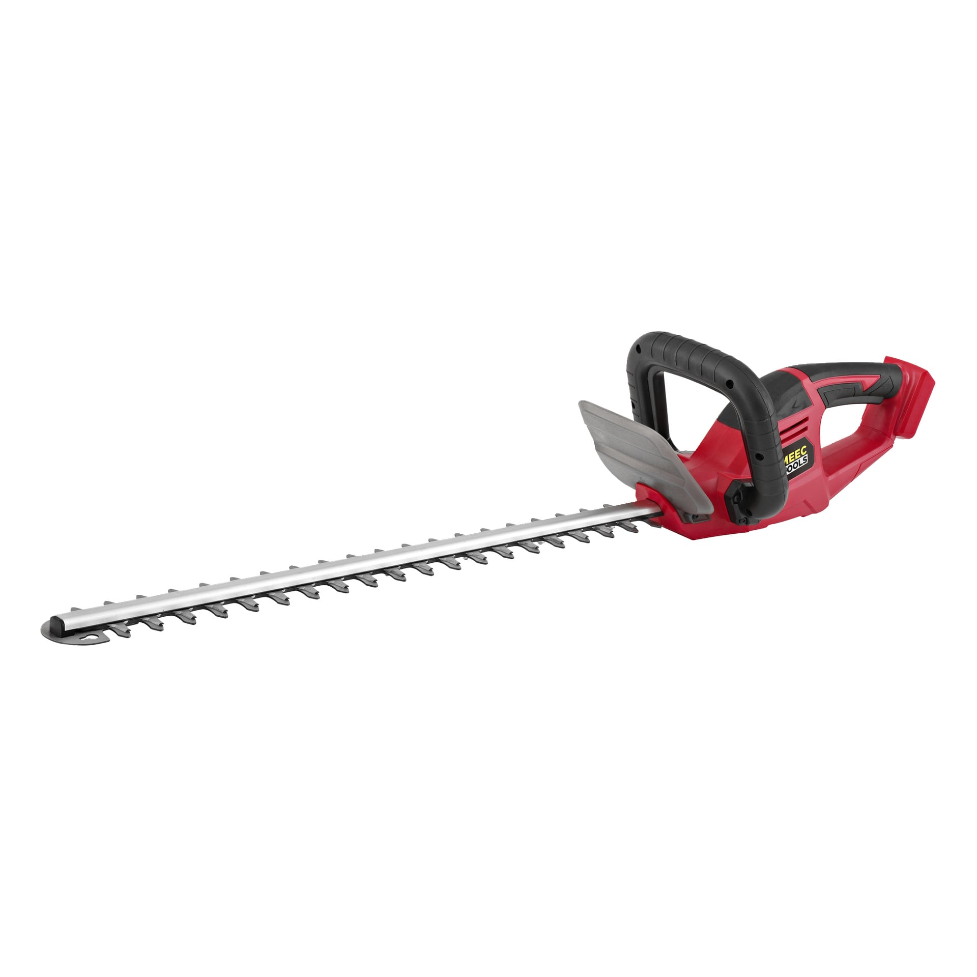 Meec Tools Multiseries batteridrivna häcksax HT-18V HOME 500 har en röd och svart färgskala, ett långt silverblad, skyddsskydd och ett ergonomiskt handtag.
