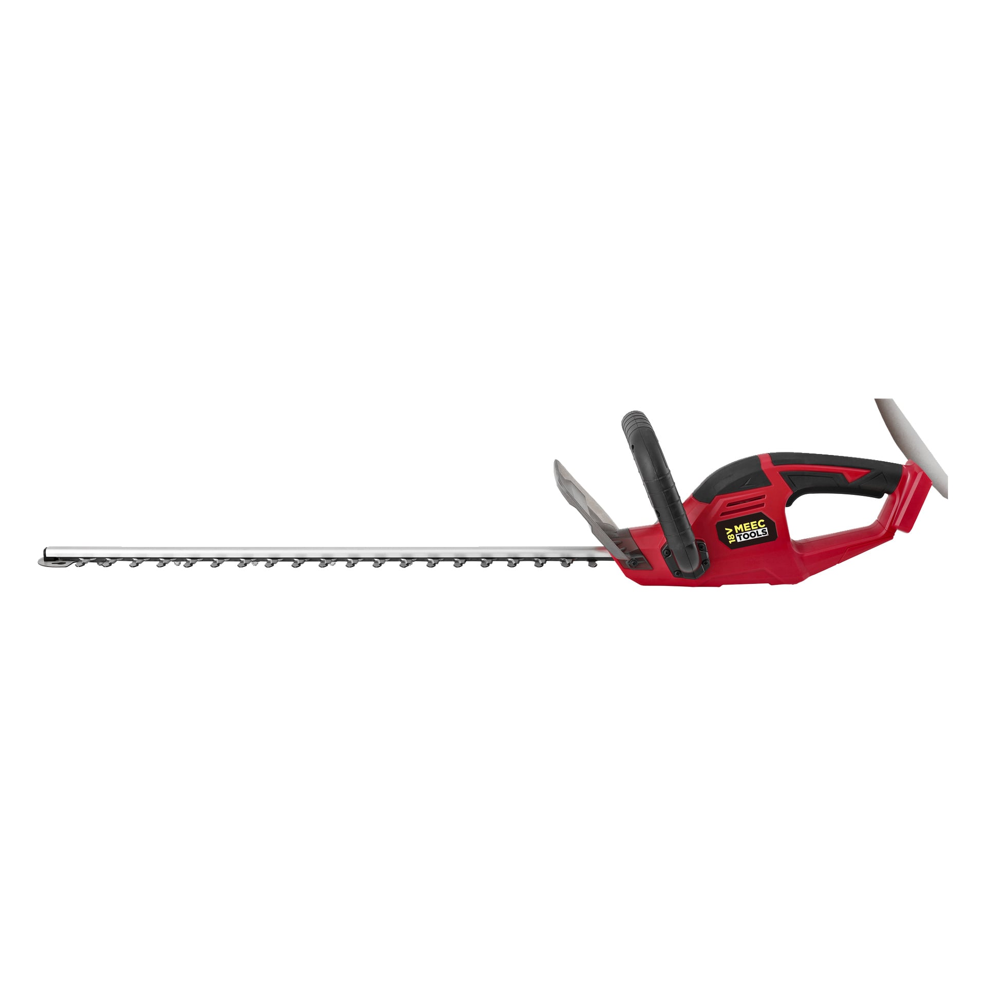 En batteridriven häcksax i rött och svart med ett långt silverblad och svart handtag. Sidan visar en gul och svart Meec Tools Multiseries-etikett som anger modellen HT-18V HOME 500.