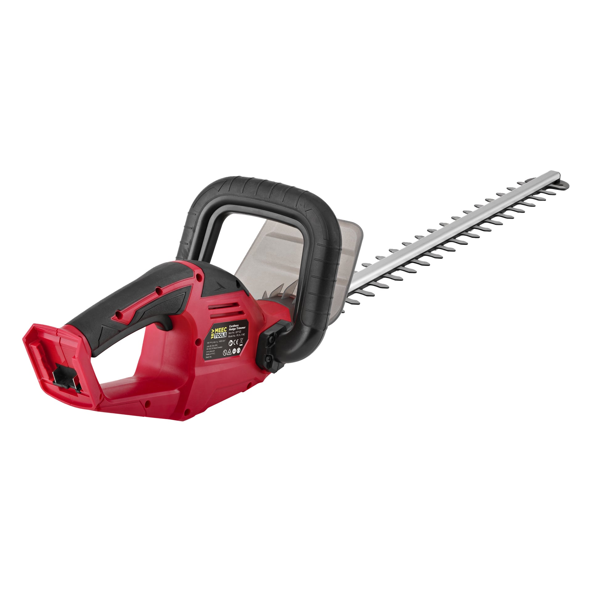 Meec Tools Multiseries batteridrivna häcktrimmer HT-18V HOME 500 har en röd och svart färgschema, ett skyddande skydd, ett svart handtag och dubbla blad som sträcker sig utåt.