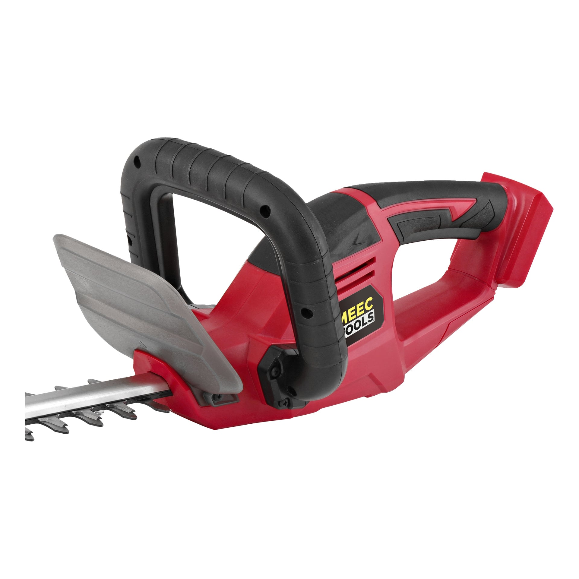 Närbild på en röd och svart Meec Tools Multiseries HT-18V HOME 500 batteridriven häcksax, med en skyddande handskydd och Meec Tools-loggan på sidan; trimmern visas utan batteripack anslutet.