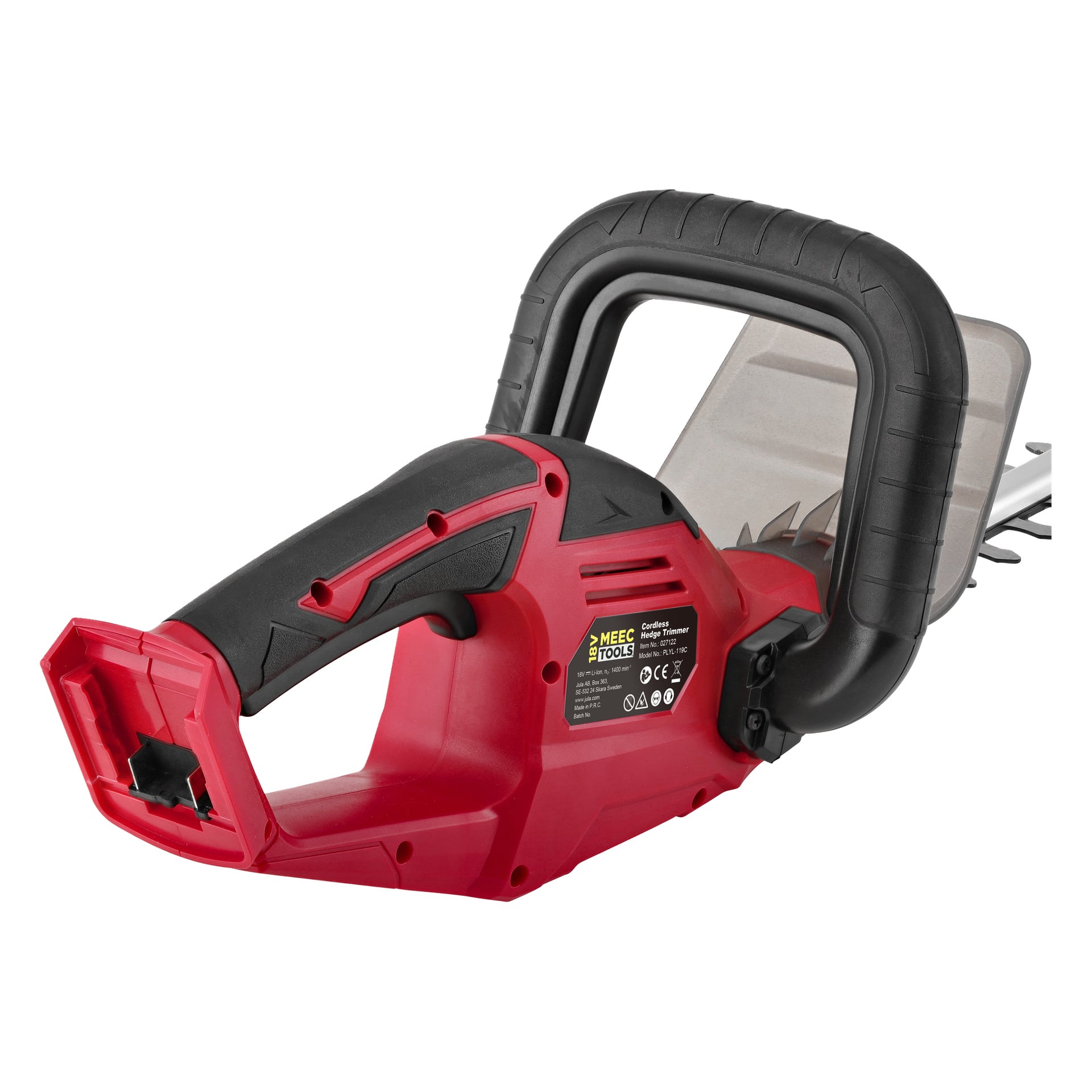 Detaljerad närbild av handtaget på en batteridriven häcksax HT-18V HOME 500 från Meec Tools Multiseries, där strömavtryckaren, säkerhetsskyddet och en synlig etikett med produktdetaljer syns.