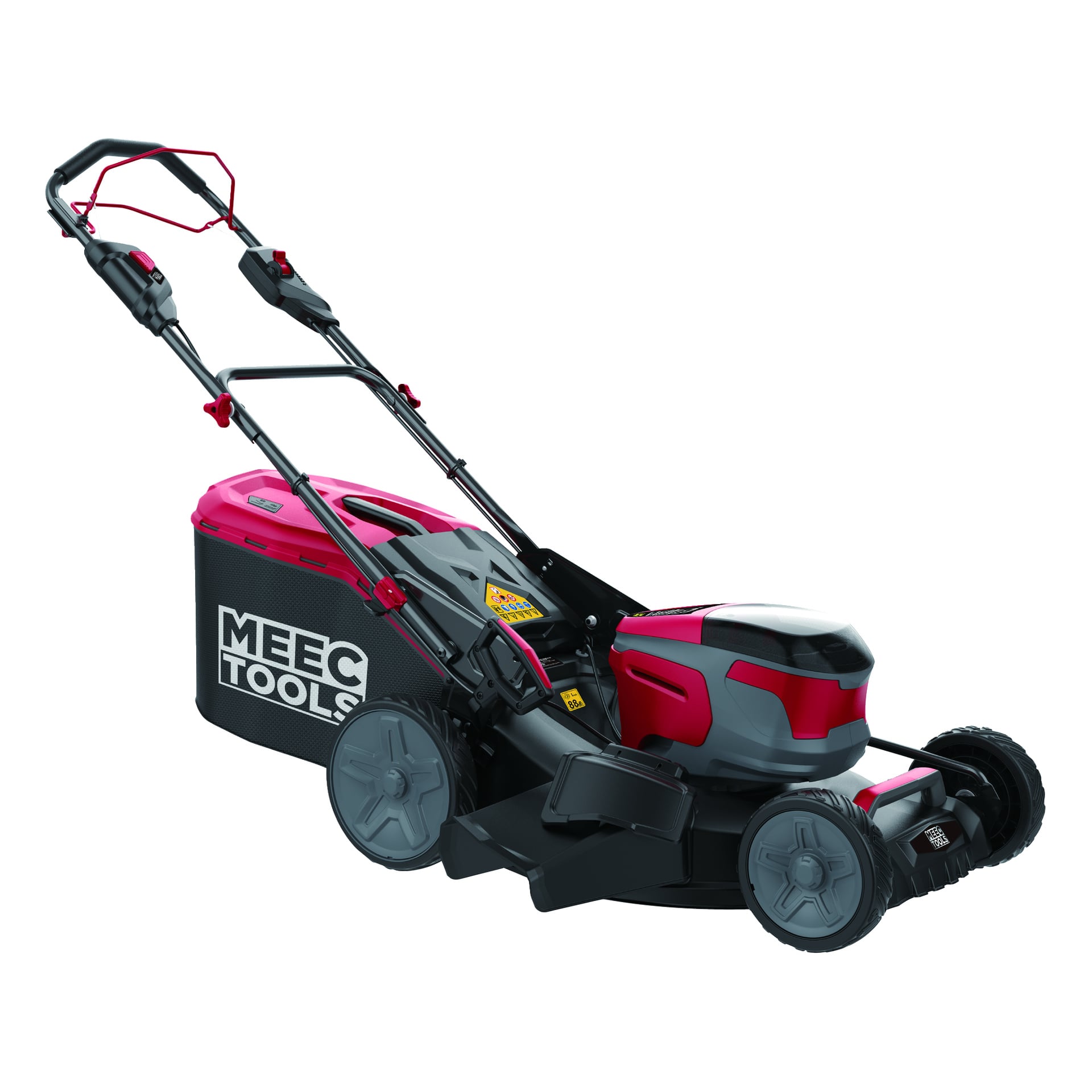 Rød og svart elektrisk gressklipper med store bakhjul, "Meec Tools" gresskasse og justerbart håndtak, sett fra siden.