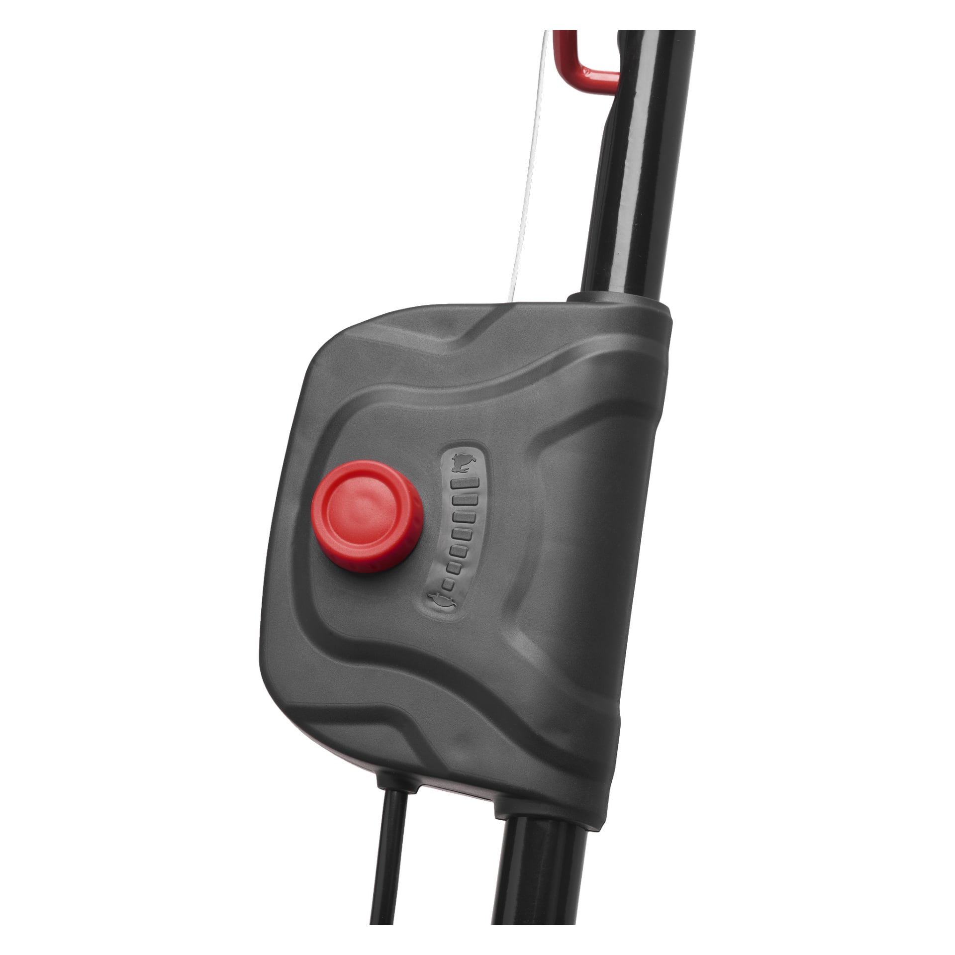 Zbliżenie czarno-czerwonego pokrętła sterującego z zakrzywioną chwytką i wskaźnikiem skali oznaczonym Meec Tools Multiseries 40 V Battery samobieżną kosiarką do trawy, przymocowaną do czarnego słupa. Nad pokrętłem biegnie biały kabel.