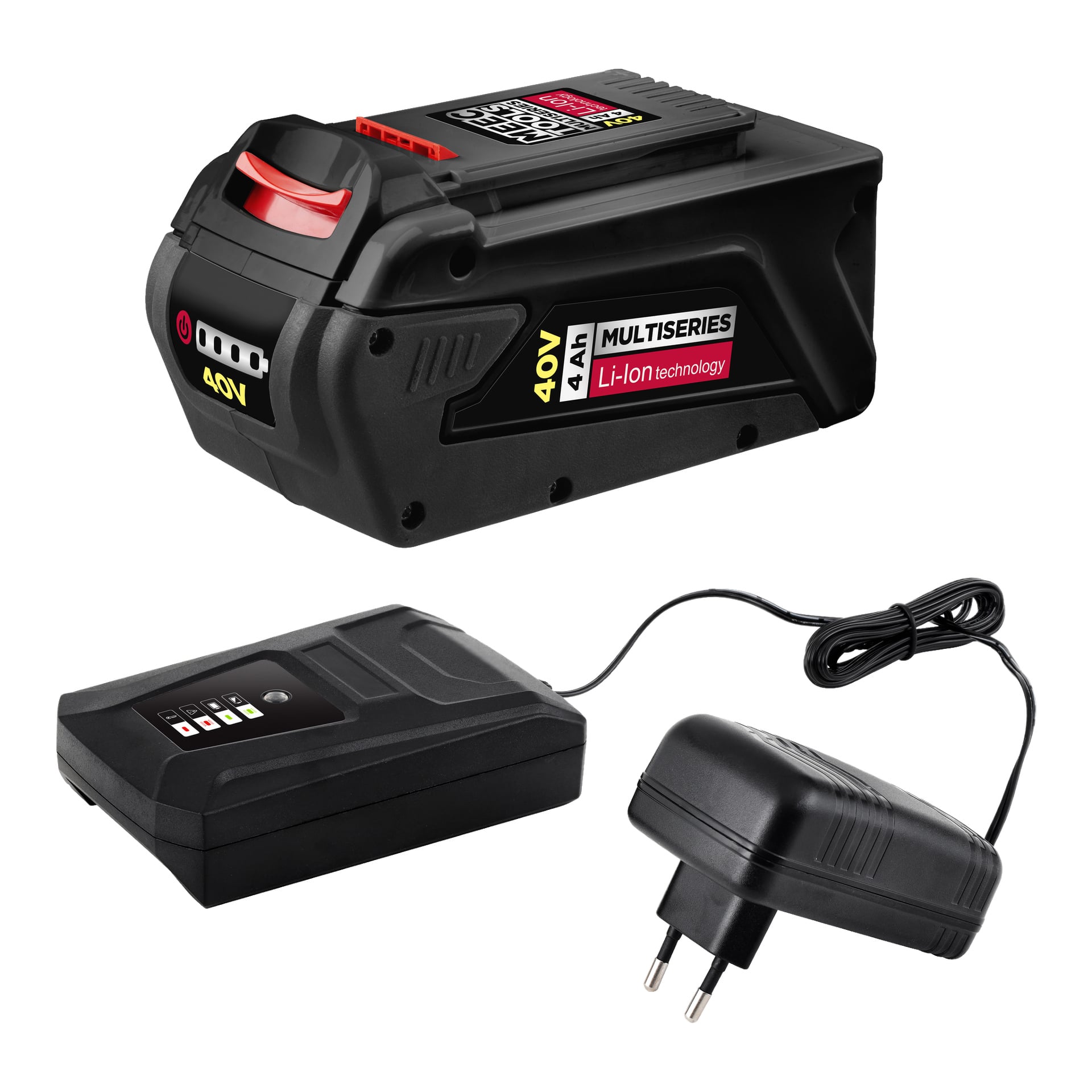 Na zdjęciu widać samobieżną kosiarkę Meec Tools Multiseries 40V 40V wraz z czarnym akumulatorem litowo-jonowym 40V 4Ah i ładowarką.