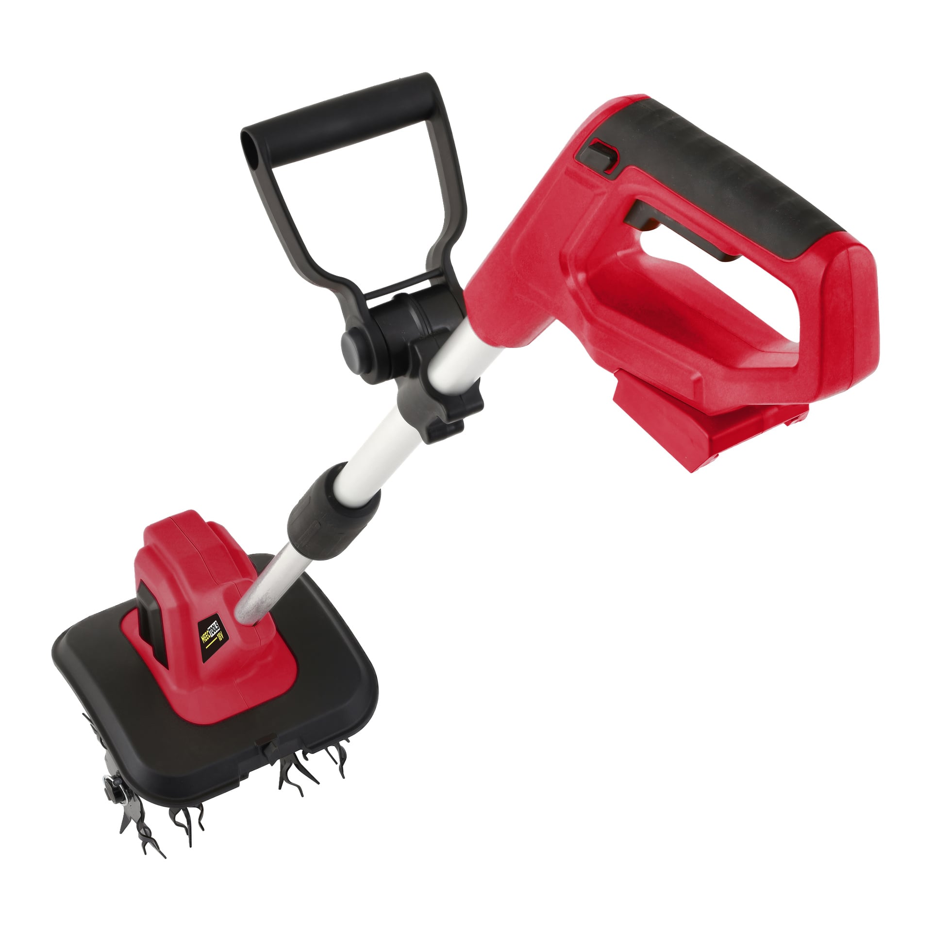 En röd och svart Meec Tools Multiseries batteridriven rotavator TL-18V HOME 500, designad med en rektangulär bas med roterande tänder, och utrustad med mjukt handtag och avtryckarbrytare för handhållet bruk.