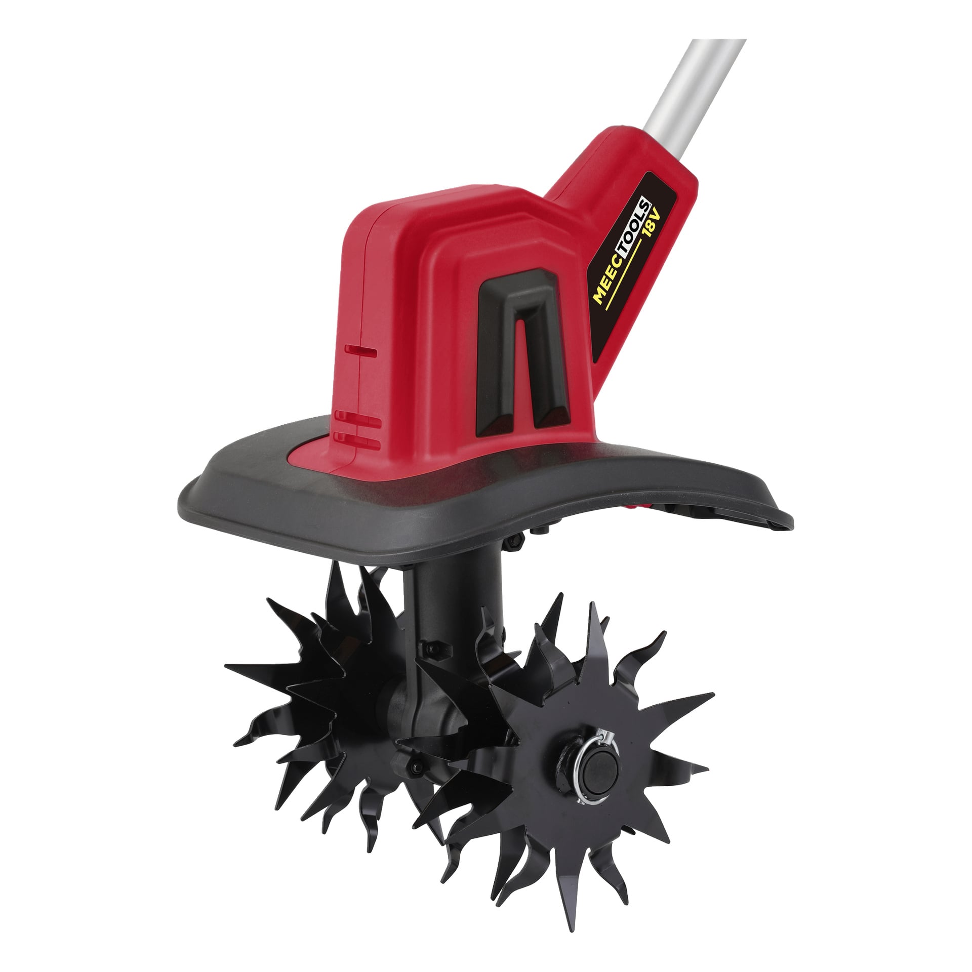 En batteridriven rotavator i rött och svart med två metallbladhjul, ett skyddslock och ett handtag. Etiketten på enheten visar "Meec Tools Multiseries TL-18V HOME 500.
