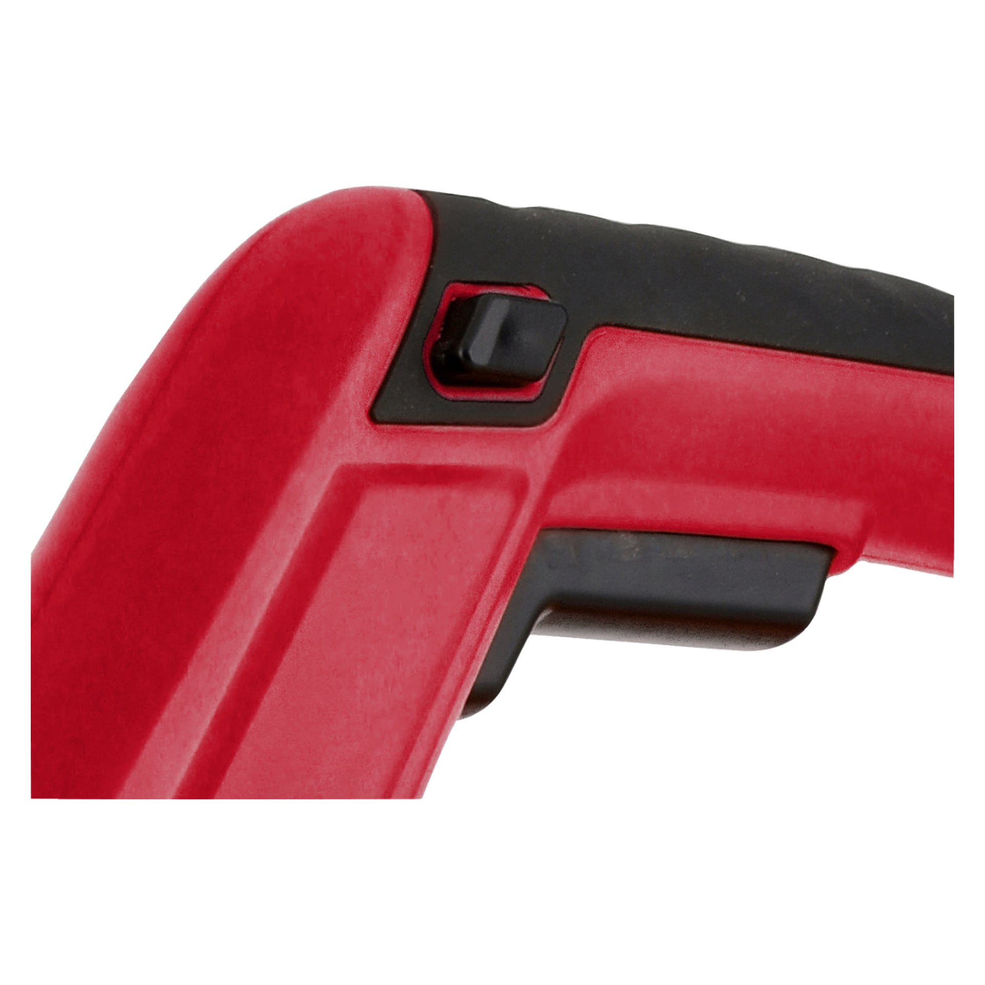 Närbild av det röda och svarta handtaget på en batteridriven rotavator TL-18V HOME 500 från Meec Tools Multiseries, med en svart strömbrytare eller knapp ovanpå.