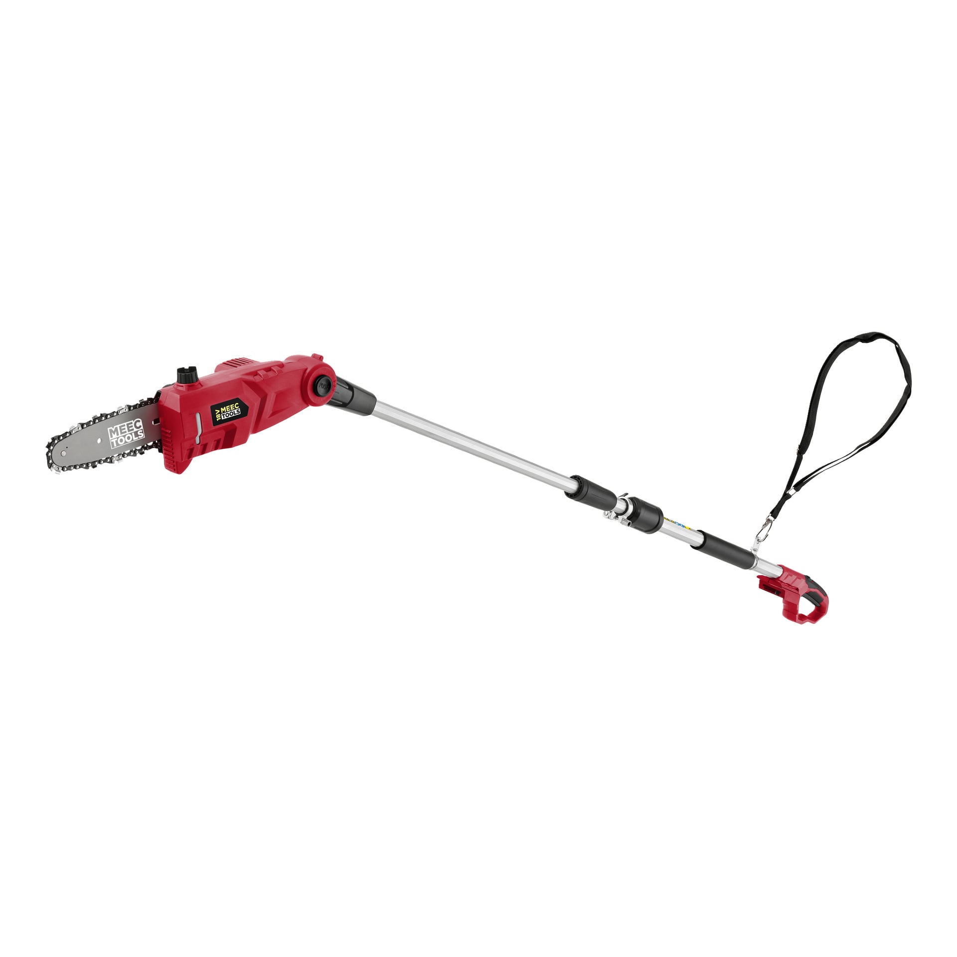 En röd och silverfärgad sladdlös beskärningssåg med teleskopiskt handtag, utrustad med svart axelrem och med varumärket Meec Tools Multiseries på motorhuset; modell SP-18V HOME 500.