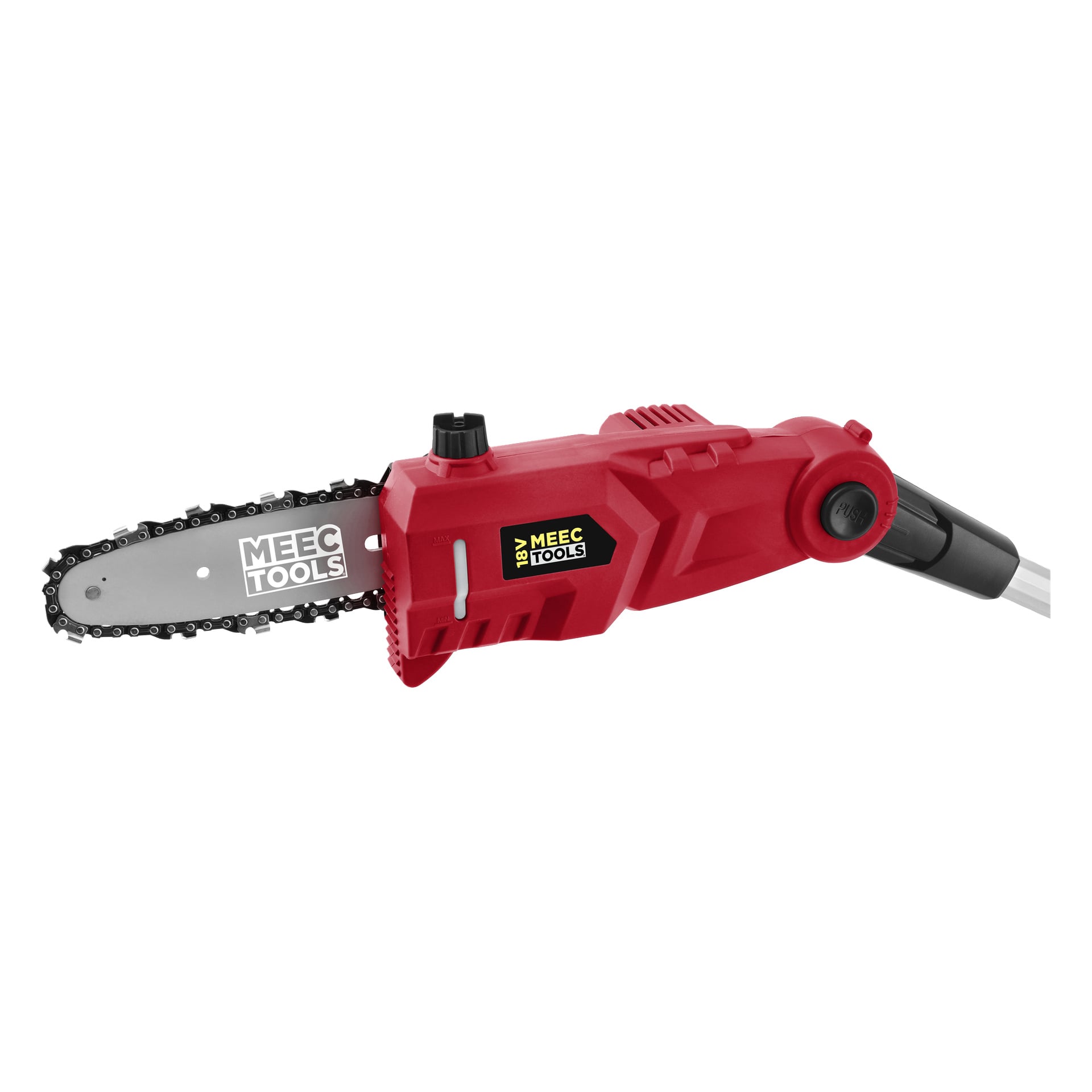 En röd batteridriven beskärningssåg från Meec Tools Multiseries med teleskopiskt handtag märkt SP-18V HOME 500, med en svart och silverfärgad kedja, säkerhetsskydd och ett lätt synligt handtagsfäste. Varumärkeslogotyper syns på kroppen.