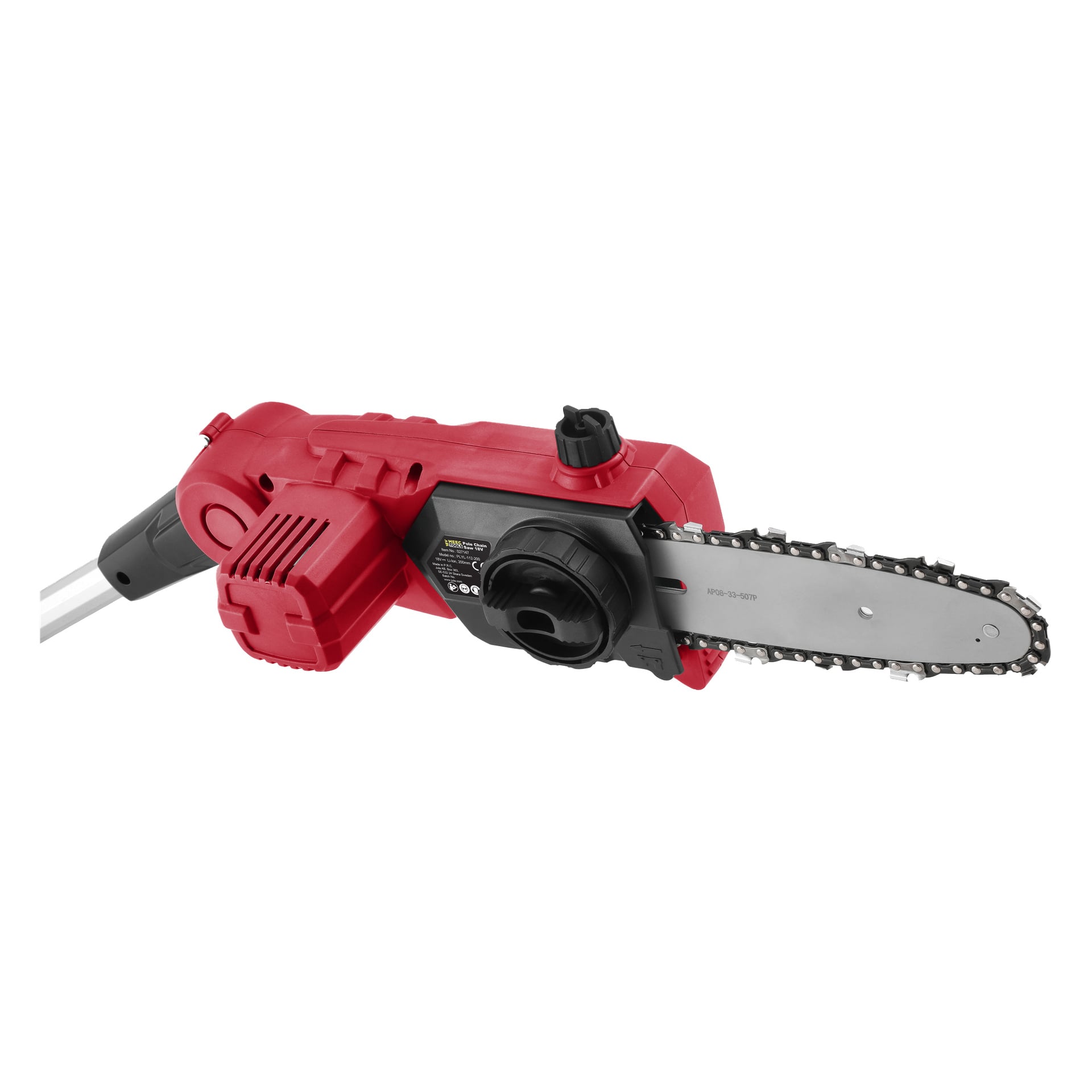 En närbild på en Meec Tools Multiseries SP-18V HOME 500 sladdlösa beskärningssåg med kedjeblad, justeringsratt och en sektion av teleskophandtaget.