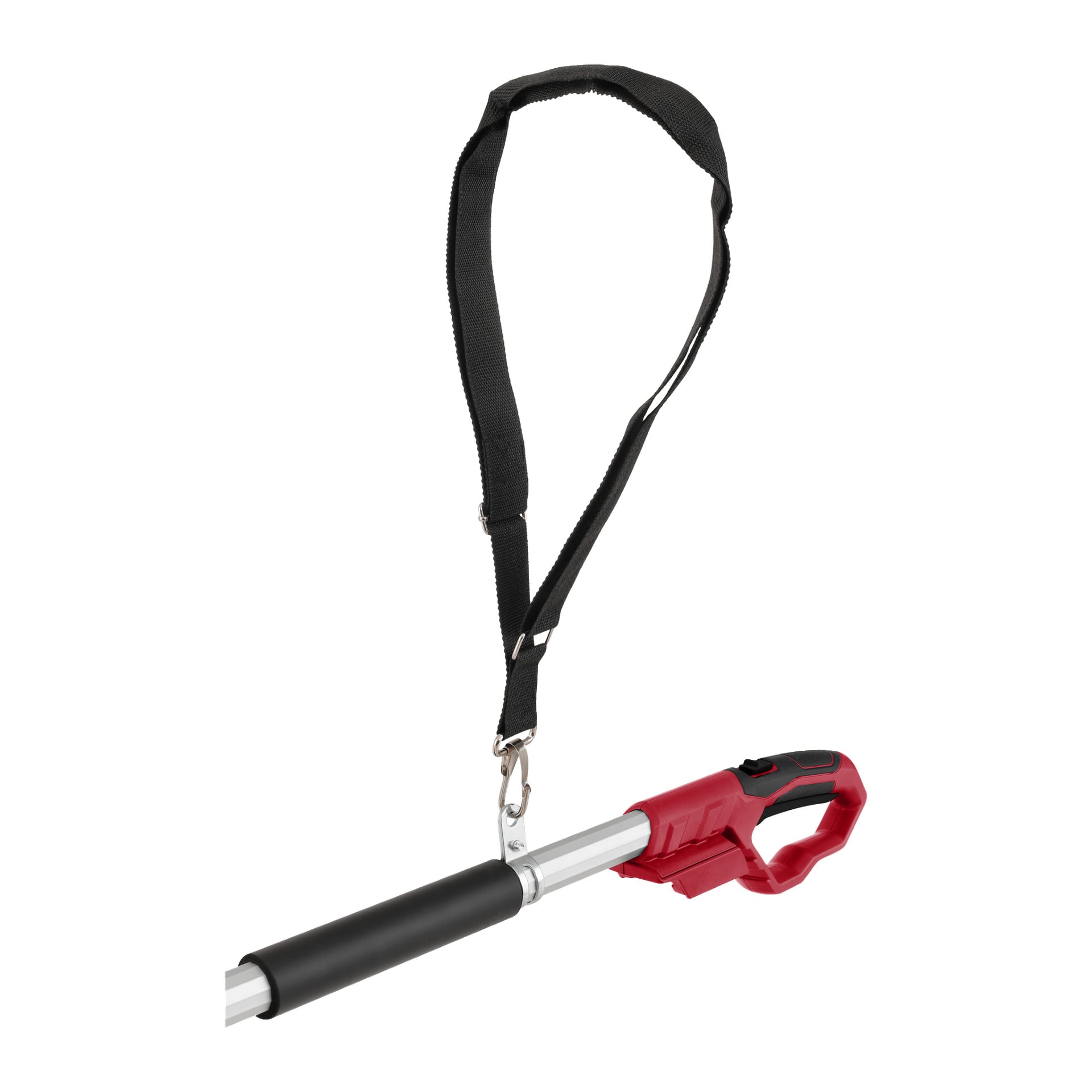 Närbild på handtaget på en röd och svart batteridriven beskärningssåg från Meec Tools Multiseries med teleskopaxel SP-18V HOME 500, som visar en svart justerbar axelrem fäst vid den silverfärgade metallstången.