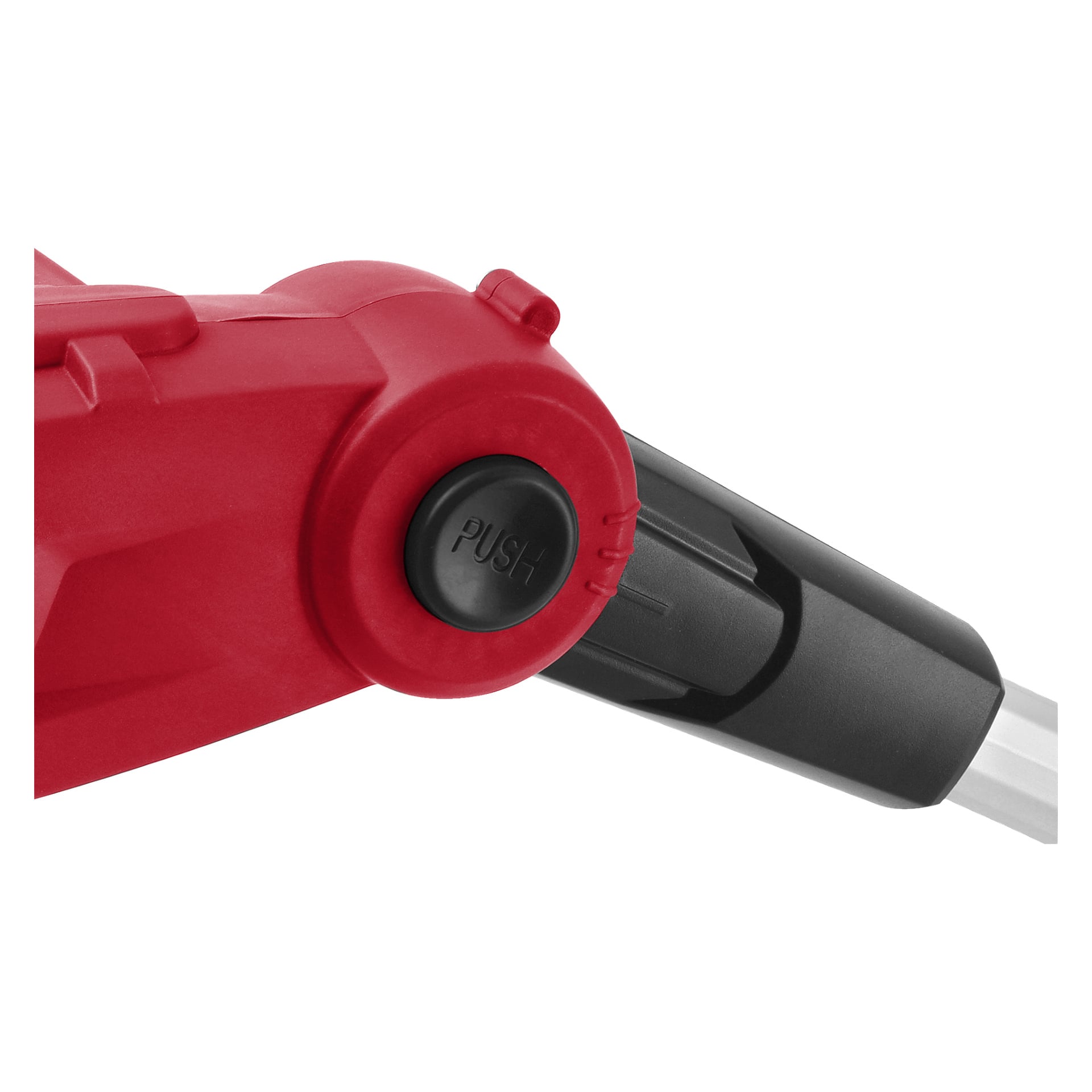 Närbild av en röd och svart plastdel på Meec Tools Multiseries batteridrivna beskärningssåg med teleskopiskt handtag SP-18V HOME 500, med en rund svart knapp märkt PUSH kopplad till en justerbar fog.