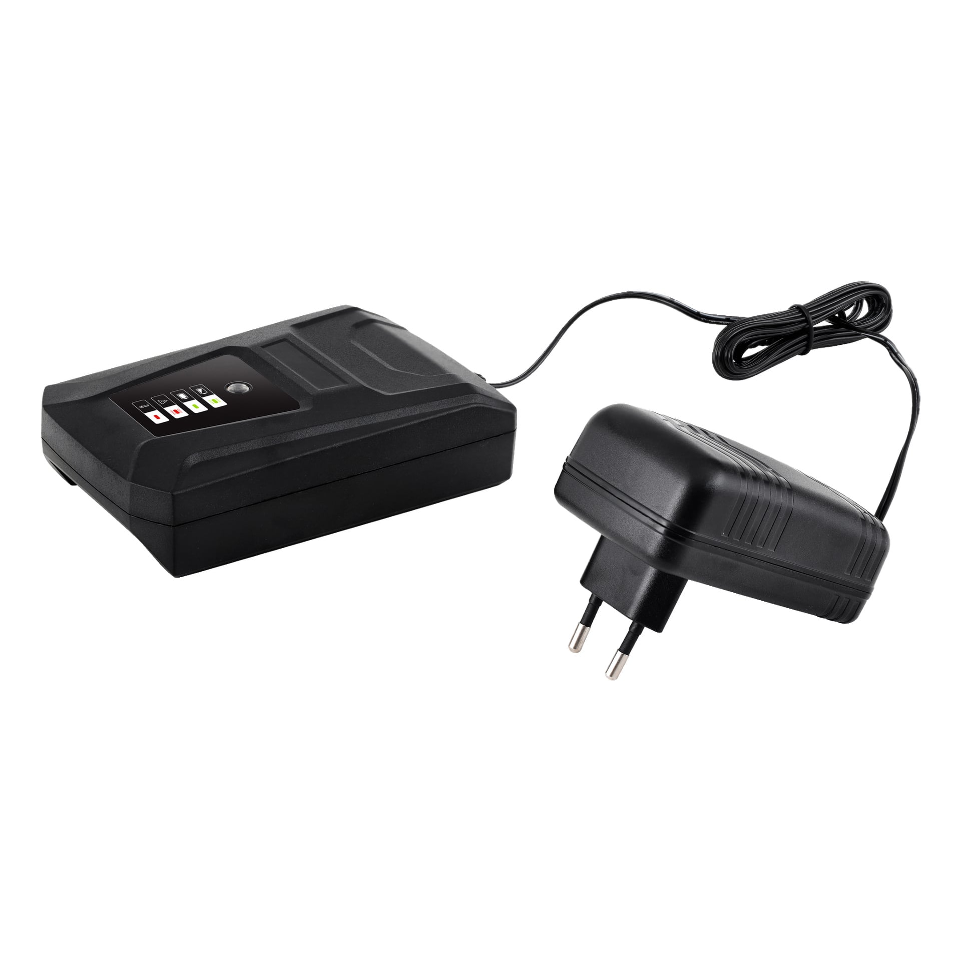 Meec Tools Multiseries 40 V batteriladdare är en svart enhet med knappar och indikatorlampor, ansluten med en kabel till en svart nätadapter med två runda stift.
