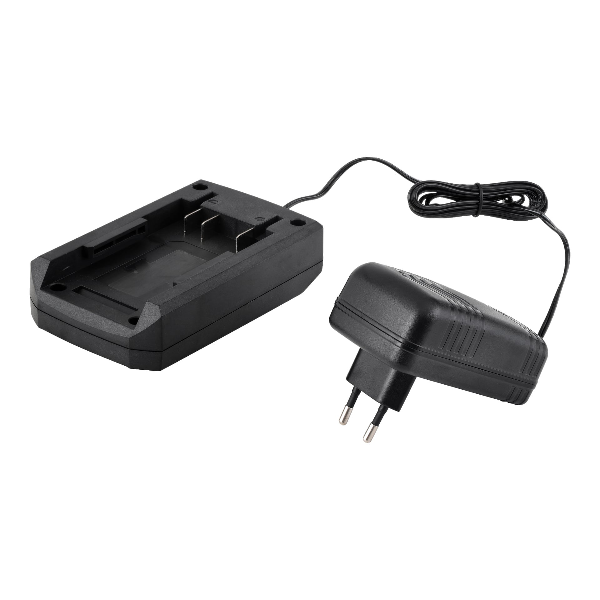Meec Tools Multiseries 40 V batteriladdare är svart och har platser för batterier, tillsammans med en trådbunden kontaktadapter med två runda stift.
