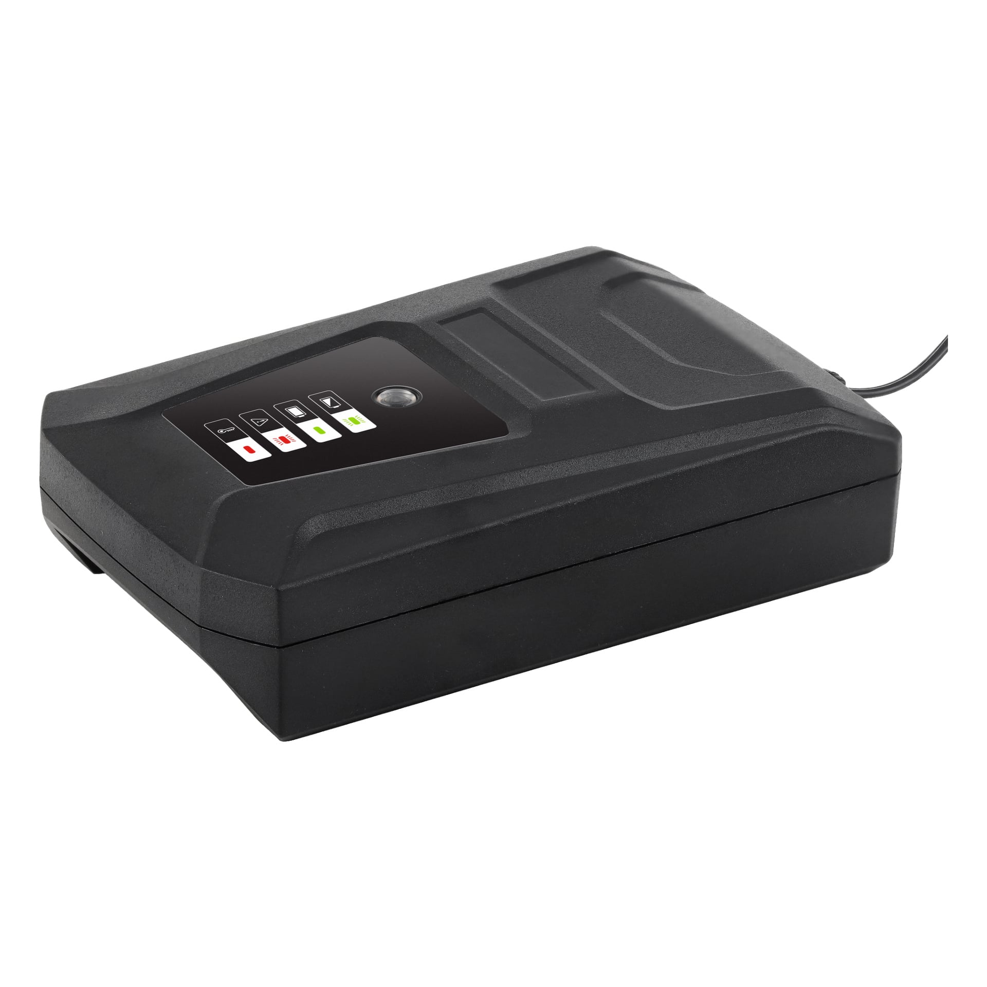 Meec Tools Multiseries 40 V batteriladdare är en svart enhet med indikatorlampor, en rund knapp, olika ikoner på panelen, en ansluten kabel och en texturerad fasad. Panelen visar text som CHARGE och FAULT inom citattecken.
