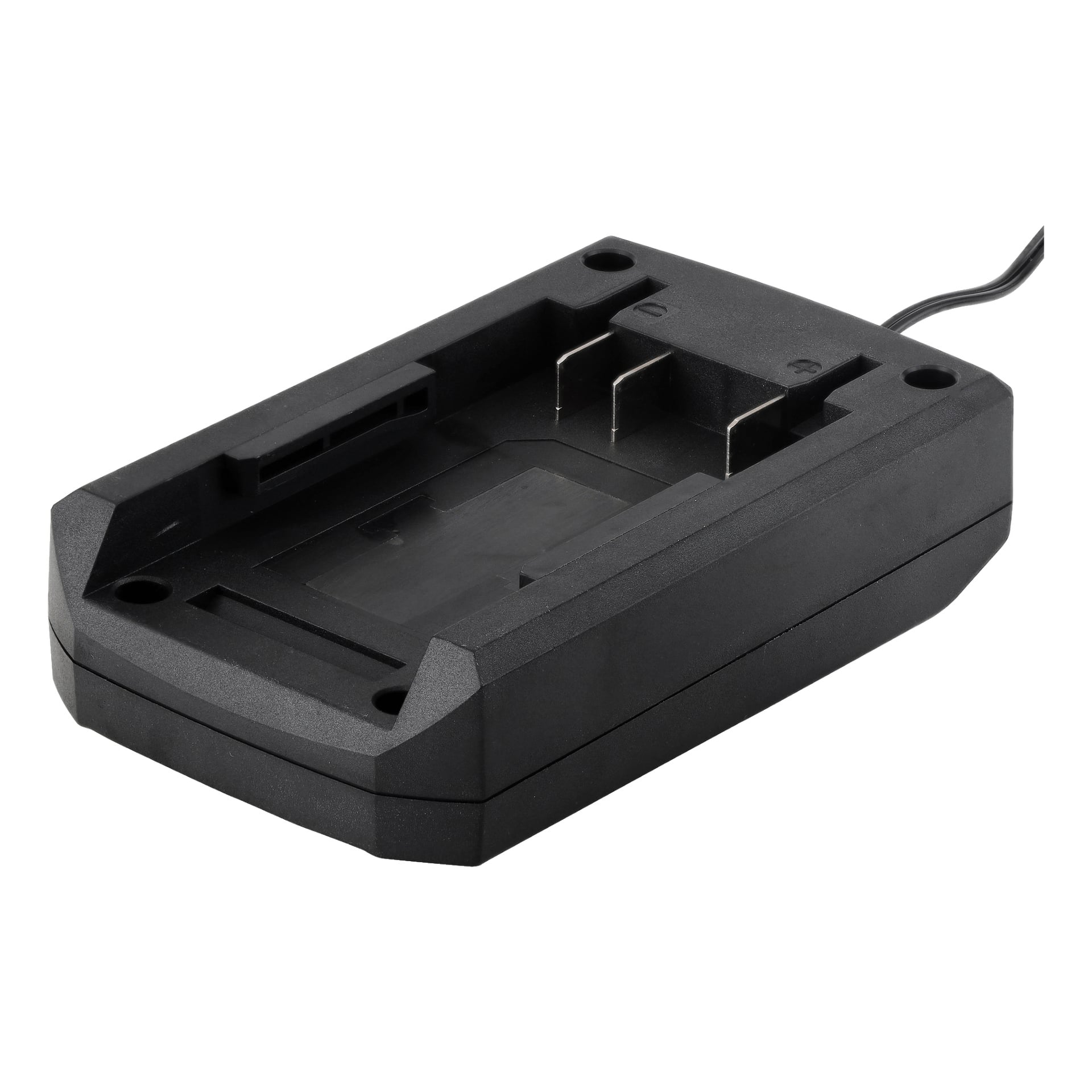 Meec Tools Multiseries 40 V batteriladdare är en svart, rektangulär enhet med två metallstift, en inkopplad plats och ett infällt fack för att sätta i ett kompatibelt batteri.