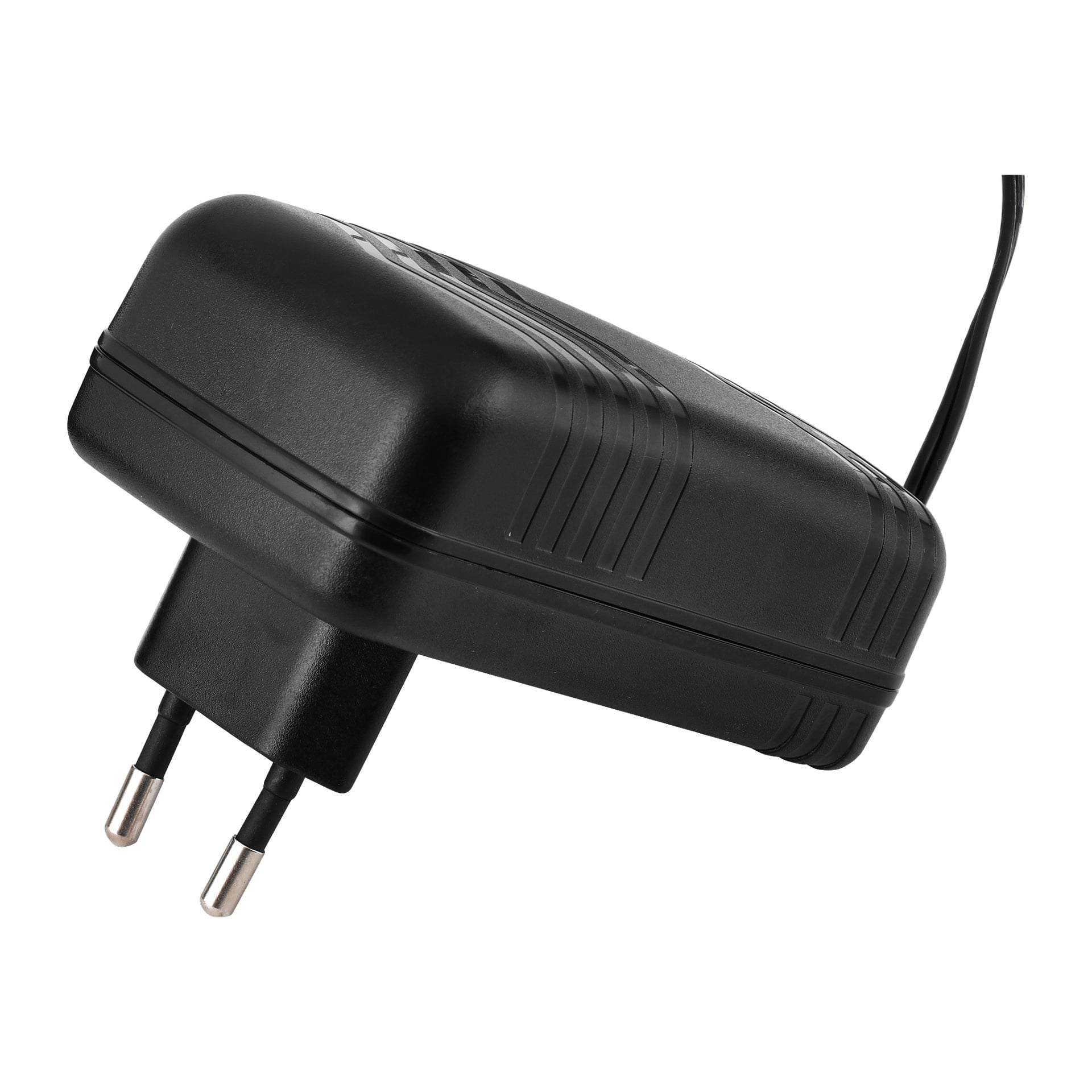 En närbild av en svart Meec Tools Multiseries 40 V batteriladdare med två runda stift, en texturerad finish och en kabel som kommer ut från övre högra hörnet. Enheten är märkt med Meec Tools Multiseries 40 V.