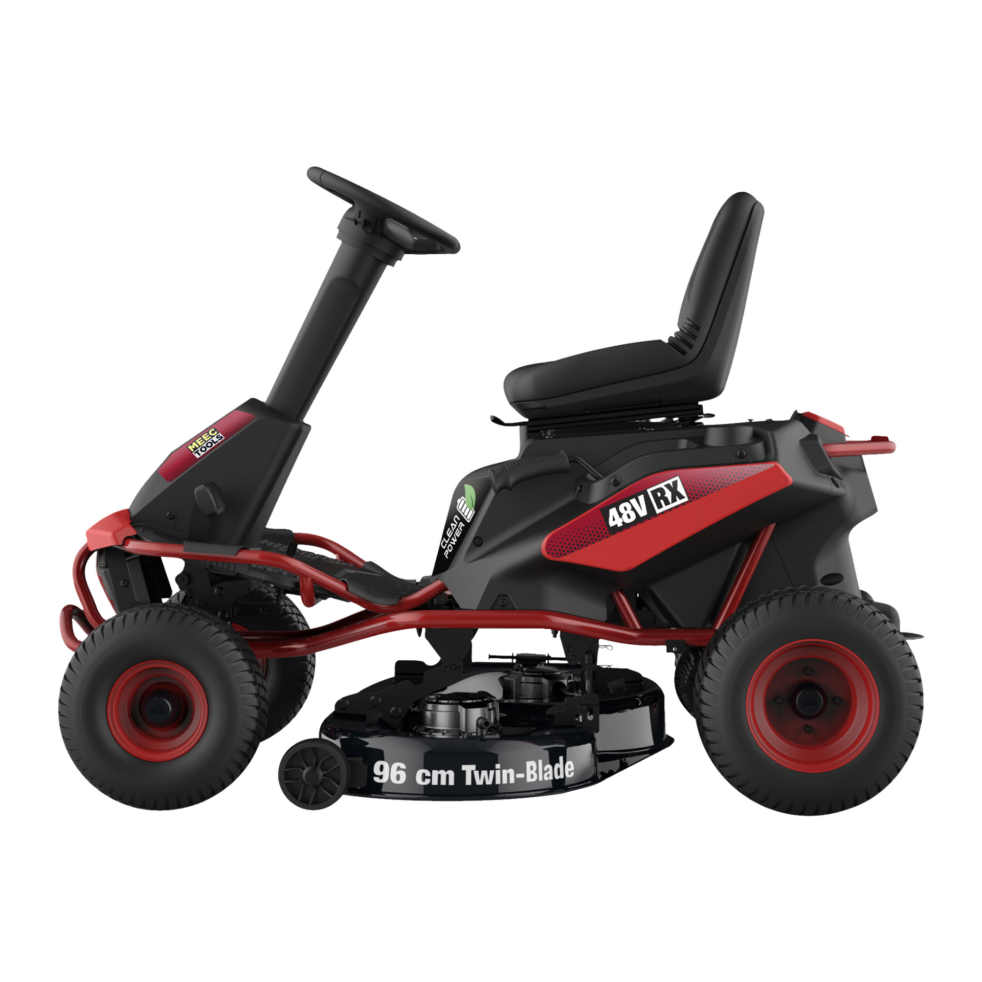 En svart och röd batteridriven Meec Tools gräsklippare med upphöjd säte, ratt och en framträdande 96 cm dubbelbladig klippplatta. Gräsklipparen visar märkningen 48V RX.
