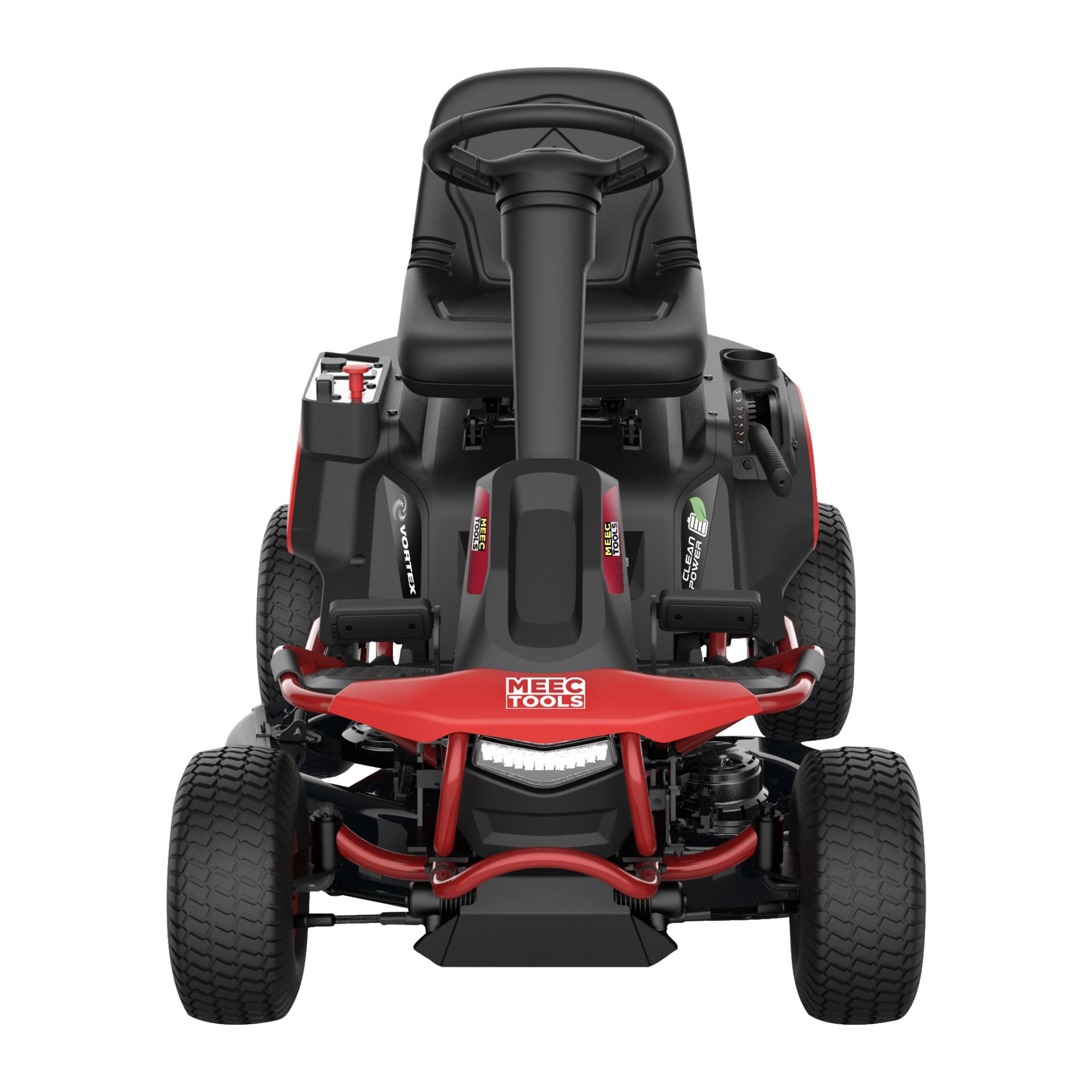 Frontvänd röd Meec Tools batteridriven gräsklippare med ratt, svart säte, exponerade motordelar och "Meec Tools" tryckt på frontpanelen ovanför stötfångaren.