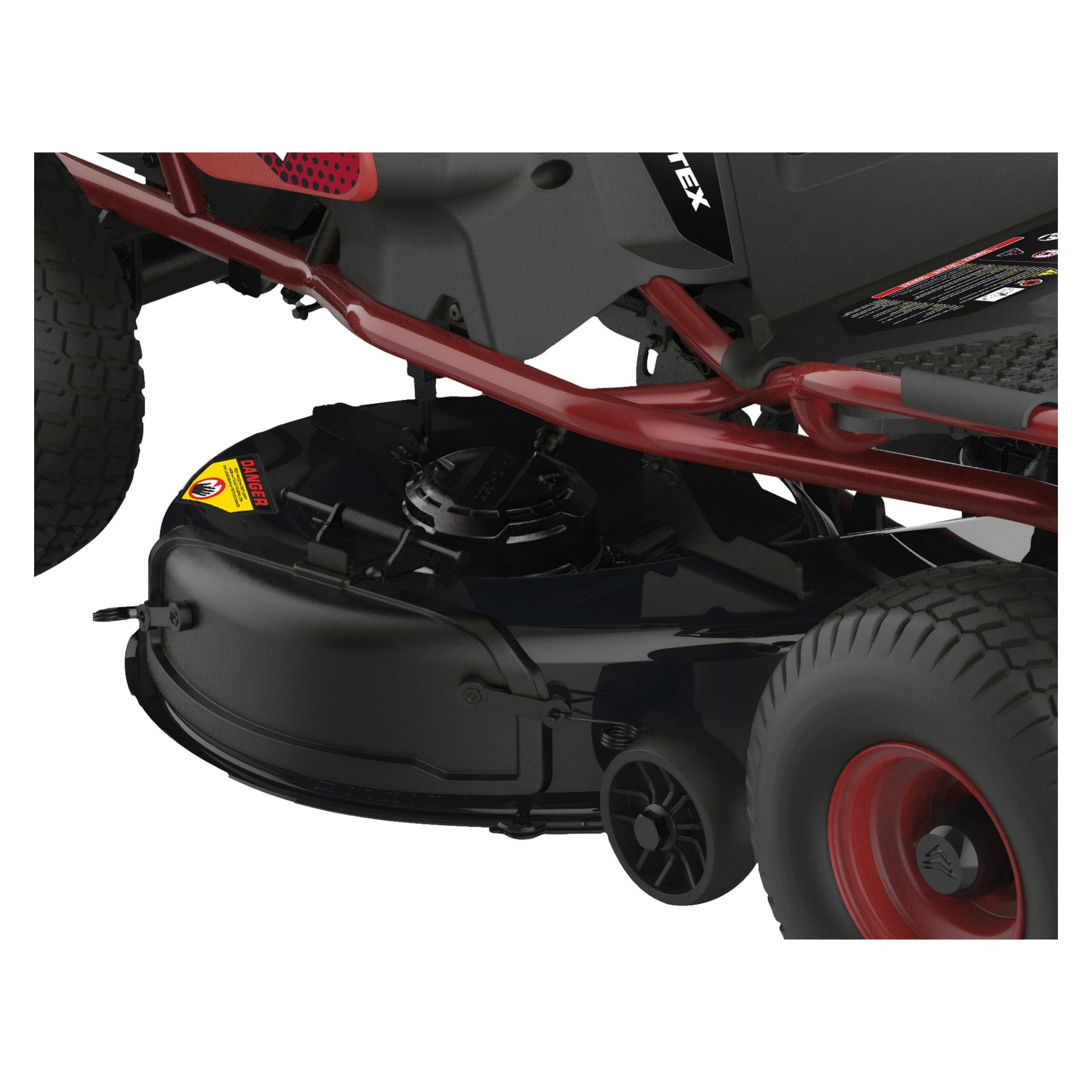 Detaljerad vy av klippdäcket och en sektion av hjulen på en röd och svart batteridriven Meec Tools gräsklippare. Däcket har flera varningsetiketter och är delvis skyddat av svart skyddshölje.