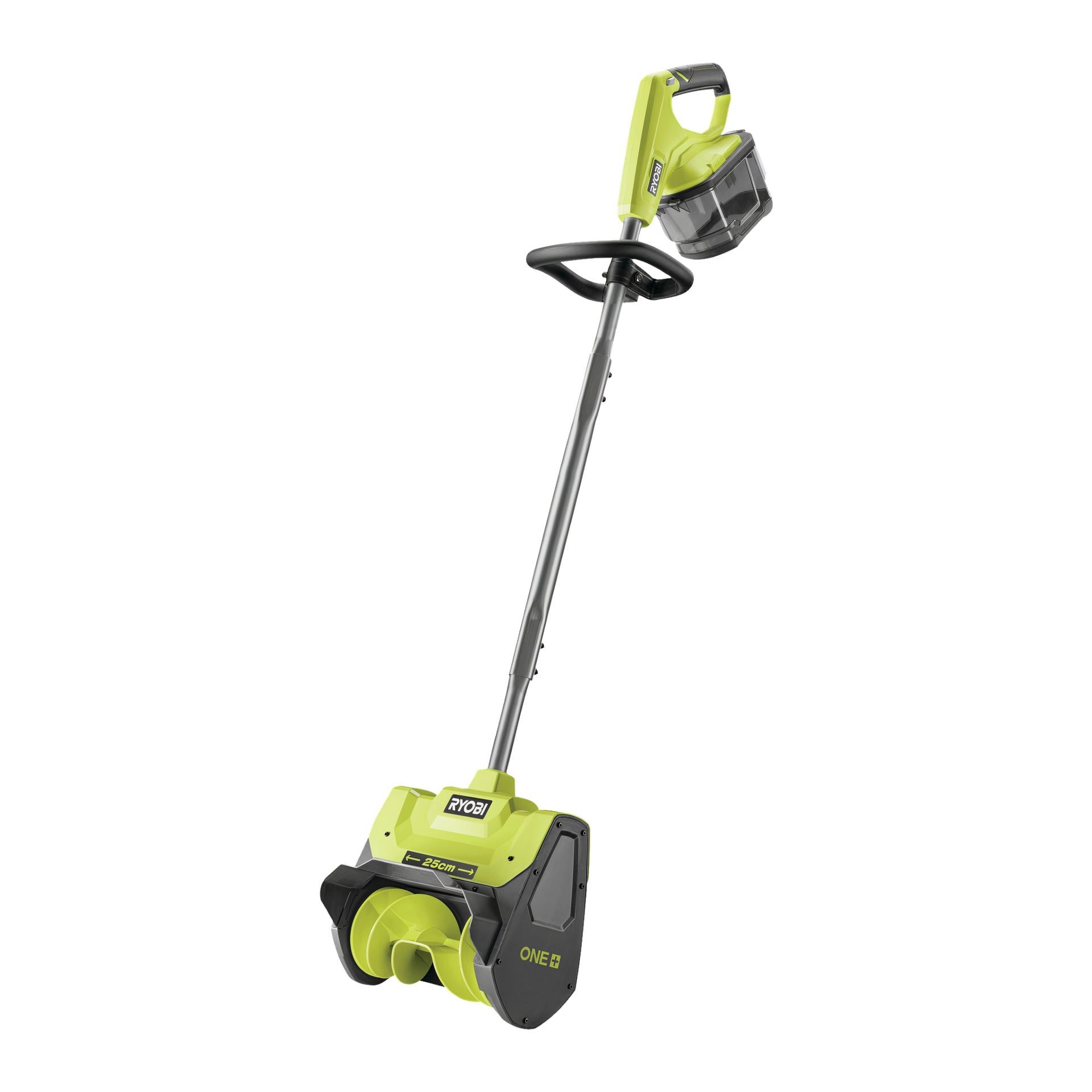 Ryobi One+ RY18ST25A-0 sladdlösa snöskyffel har en grön och svart kaross, ett grått styre och ett batterifack på toppen. Skruven och bladet är synliga vid basen.