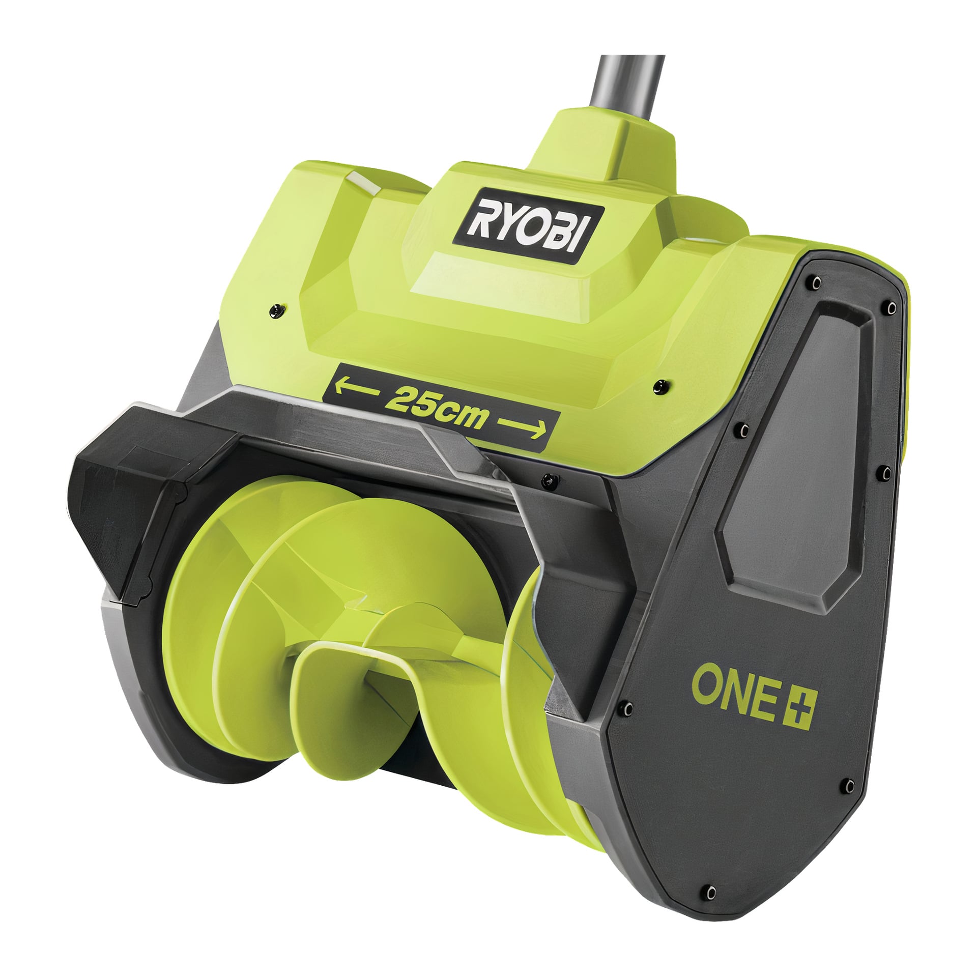 Närbild av Ryobi One+ RY18ST25A-0 snöslungfästet, som framhäver dess 25 cm breda skruv och djärva grön-och-svarta färgpalett, med både Ryobi-logotypen och One+-märkningen tydligt synliga på enheten.