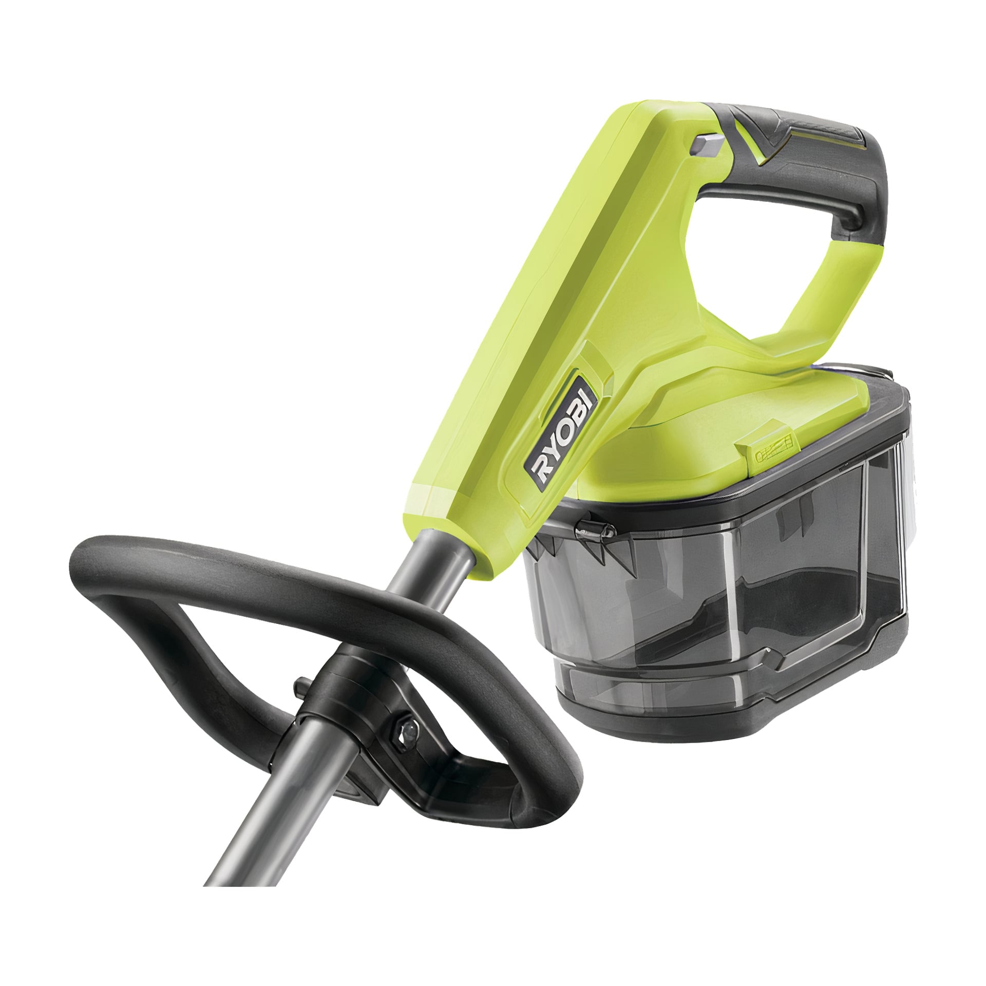 Närbild på en gul och svart Ryobi One+ RY18ST25A-0 trådlös trimmer eller kantklippare, som framhäver handtaget, greppet och en del av det genomskinliga skräpfacket.