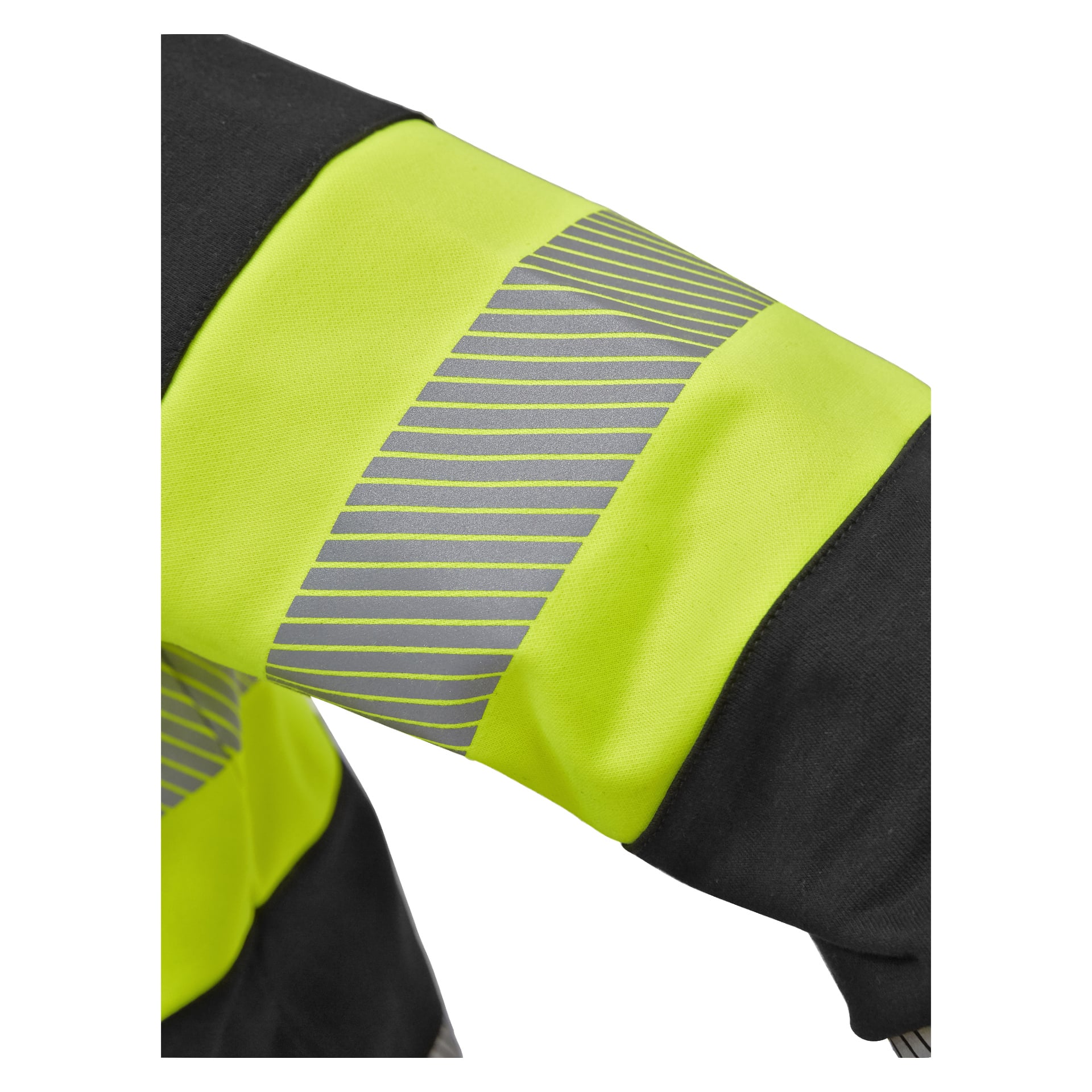En detaljerad vy av Bluewear Hi-vis-sweatshirt Vancouver, som framhäver dess gula och svarta ärm accentuerad av reflekterande silverränder. Tyget förbättrar synligheten i svagt ljus, lämpligt för användning i skyddsjackor eller uniformer.