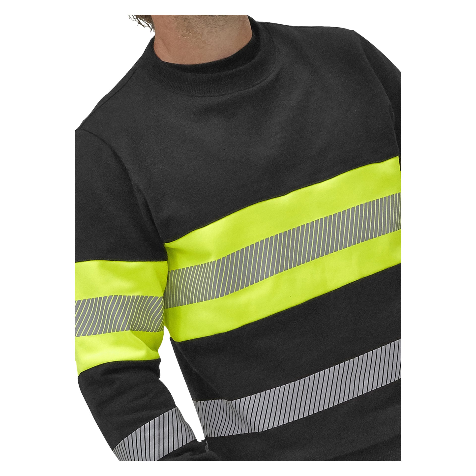 En person visas i Bluewear Hi-vis-sweatshirt Vancouver, som har neongula och silverfärgade reflekterande band som löper över bröstet och längs vänster ärm. Bilden visar bara deras bål och den nedre delen av ansiktet.
