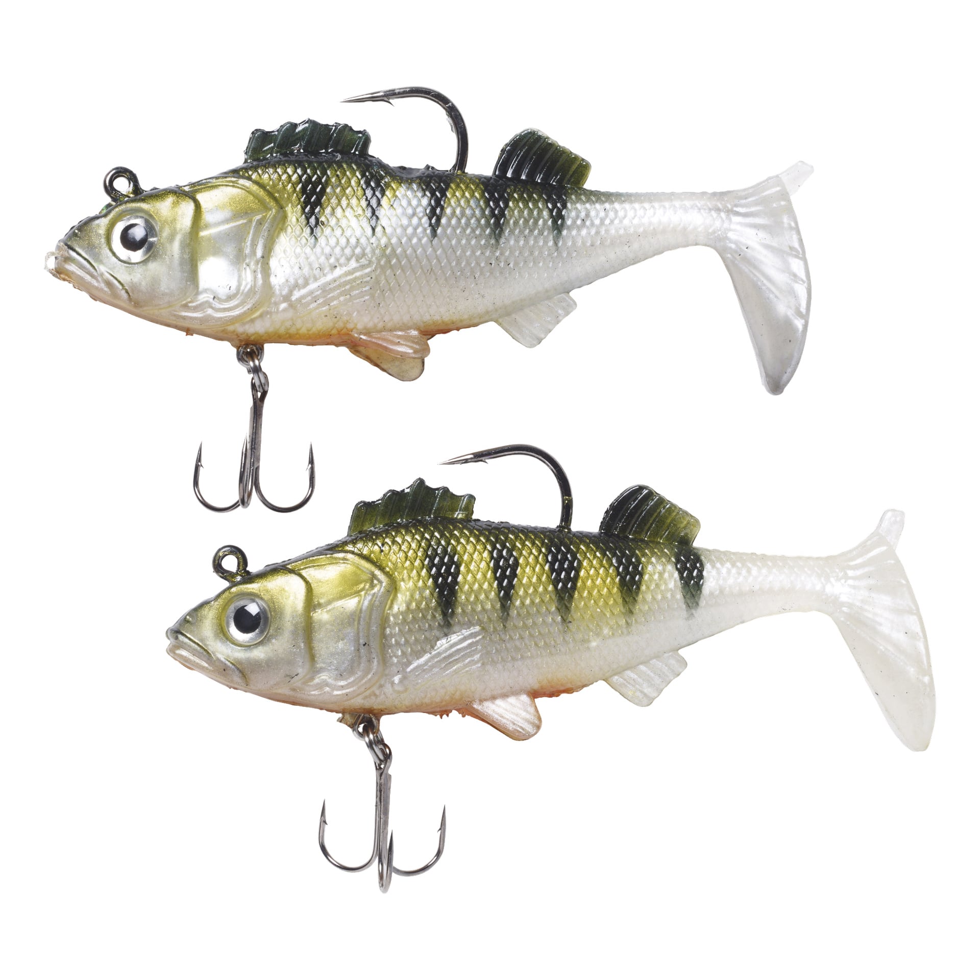 Kayoba Jigs 2-packet innehåller två livaktiga, fiskformade beten med gula kroppar och svarta ränder. Varje drag är utrustat med en enda krok på toppen och en trekrok under.