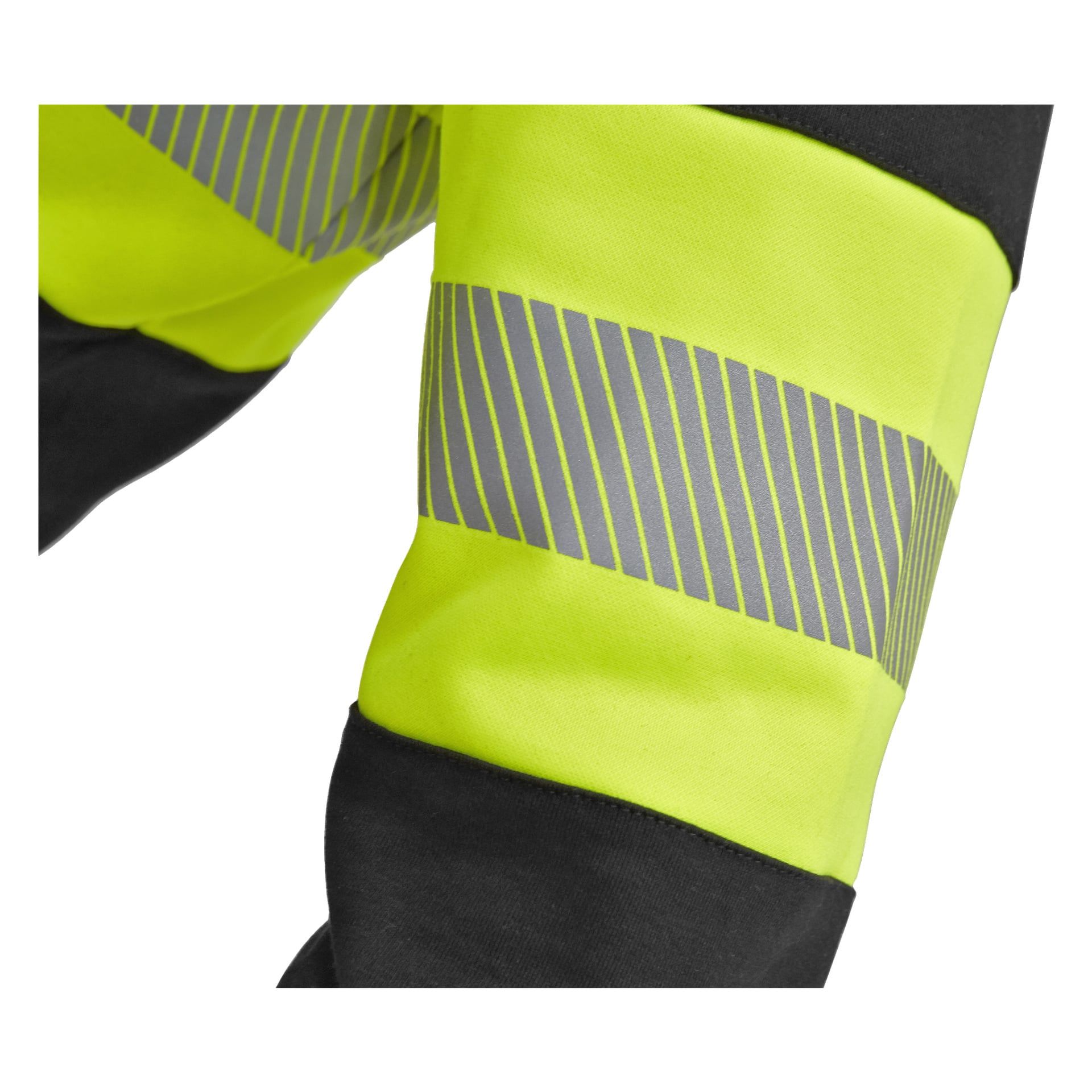 En närbild av Bluewear Hi-vis-sweatshirt Vancouver framhäver dess livfulla gulgröna tyg, kontrasterande svarta områden och en reflekterande grå diagonal rand längs ärmen.