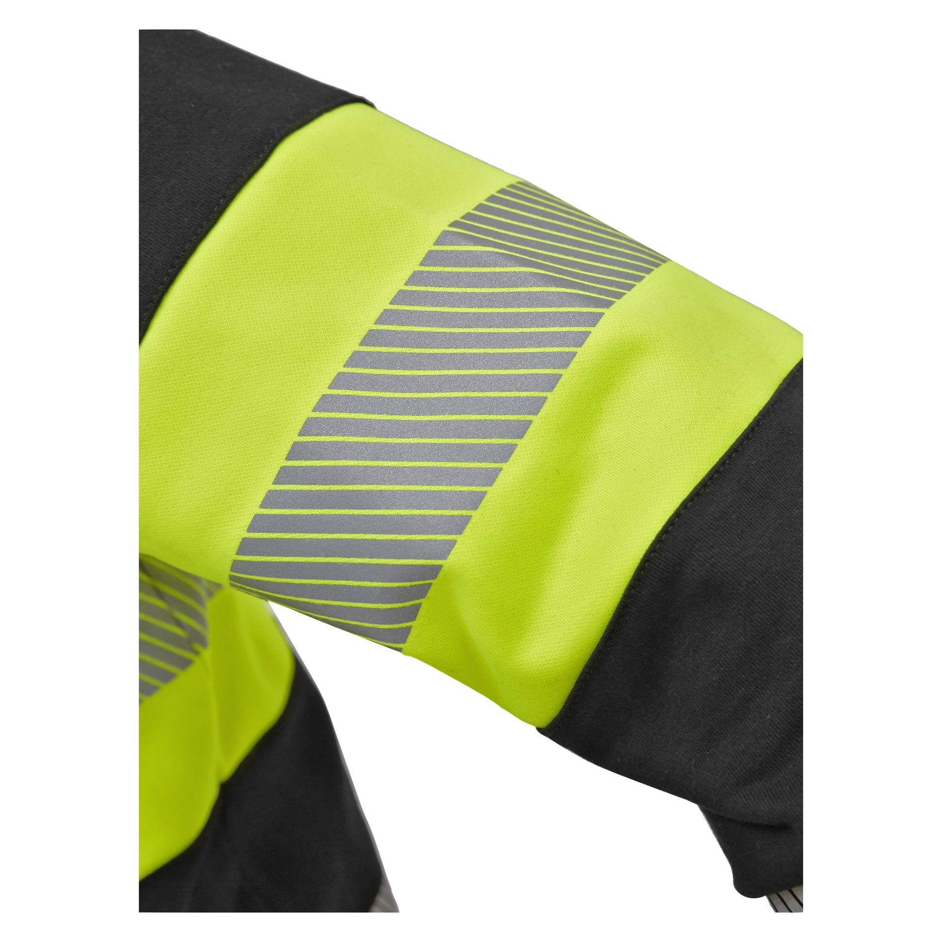 En närbild av en persons arm klädd i Bluewear Hi-vis Vancouver-sweatshirten, med en slående gulgrön och svart design med reflekterande grå ränder längs ärmen.