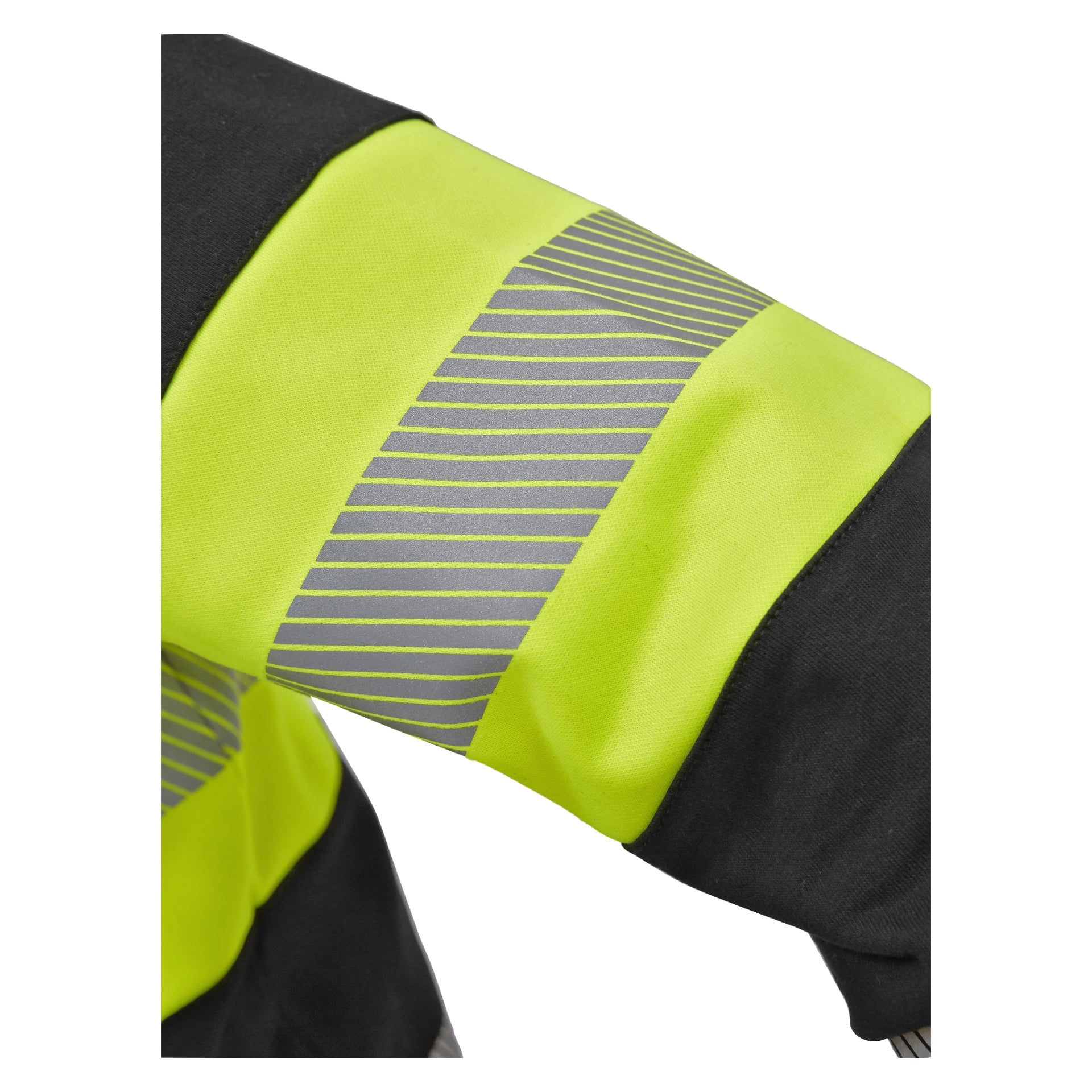 En detaljerad vy av Bluewear Hi-vis Vancouver-sweatshirtärmen framhäver dess livfulla gulgröna färg, silverfärgade reflekterande ränder och svarta tygdetaljer.