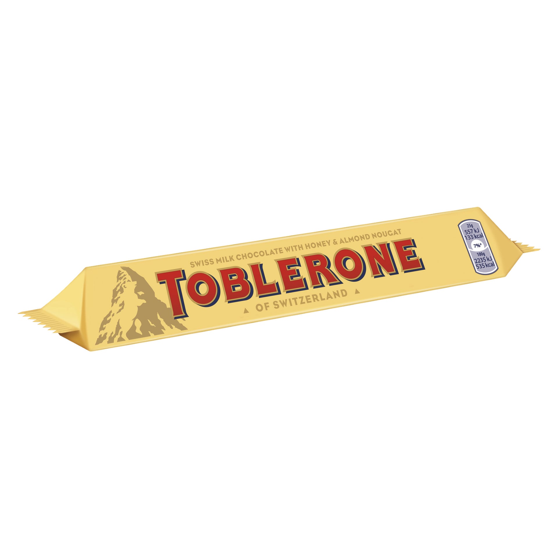 En gul Toblerone-chokladförpackning märkt Swiss milk chocolate with honey & almond nougat, med näringsinformation och en illustration av ett berg på vänster sida.