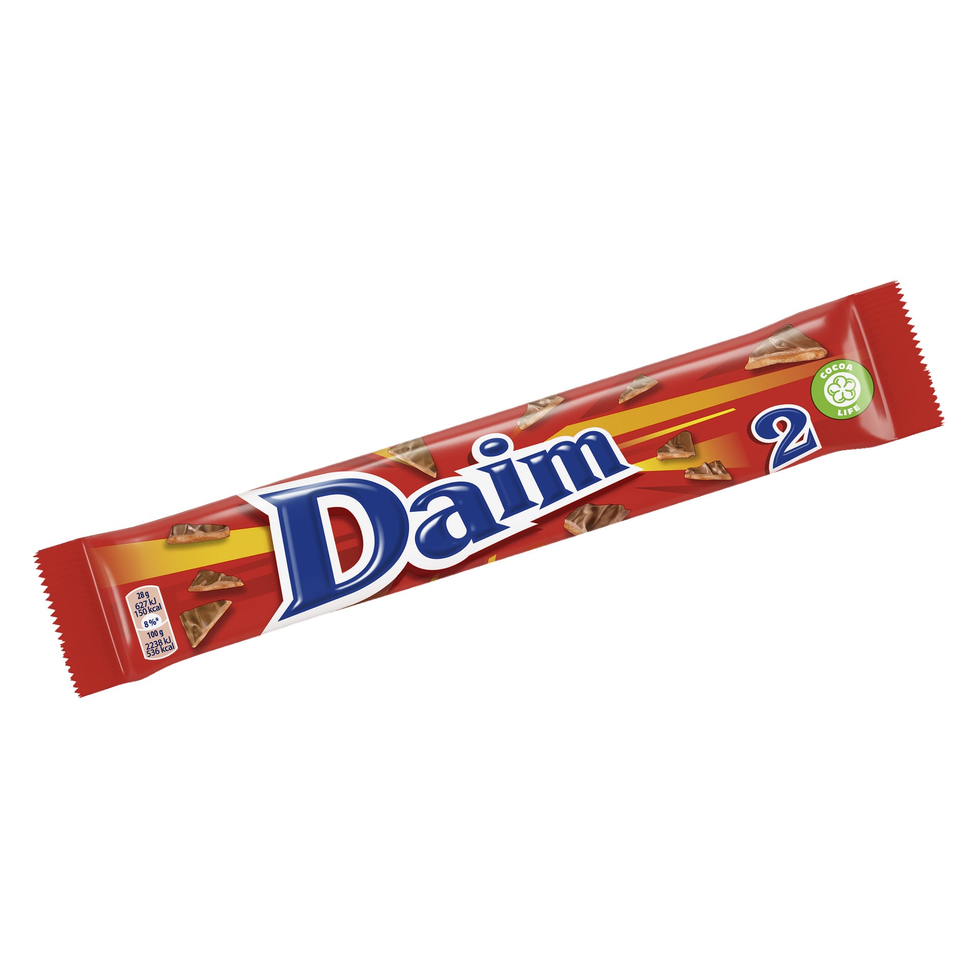 Ett livfullt rött Daim-papper med två chokladkakor visade, med den djärva Daim-loggan i blått och vitt. Förpackningen är prydd med bilder av chokladbitar och inkluderar en grön Cocoa Life-bricka.