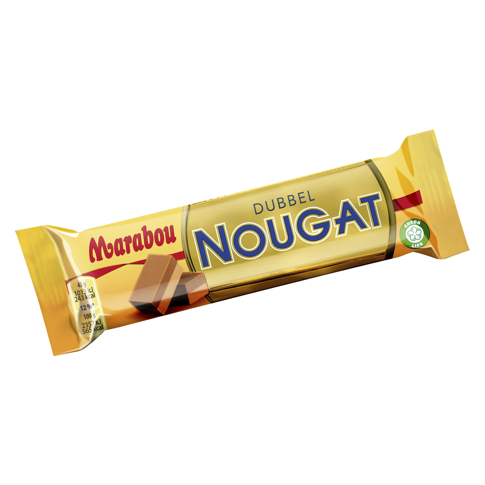 En Marabou Double Nougat-chokladkaka inslagen i gult och guld, med framträdande blå och vita bokstäver, bilder på nougatbitar och en grön återvinningssymbol till höger.