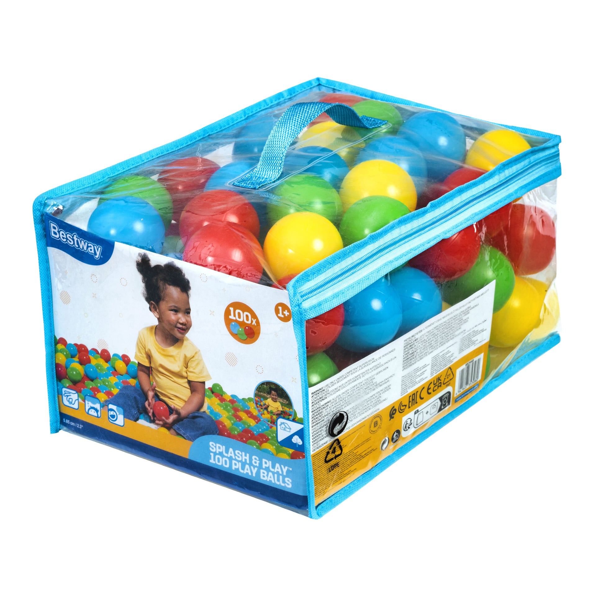 En genomskinlig påse med blå kanter innehåller färgglada plastbollar. Etiketten säger Play pit balls 100 pack från Bestway och för barn från 1 år och uppåt, med en bild av ett litet barn som leker bland bollarna.
