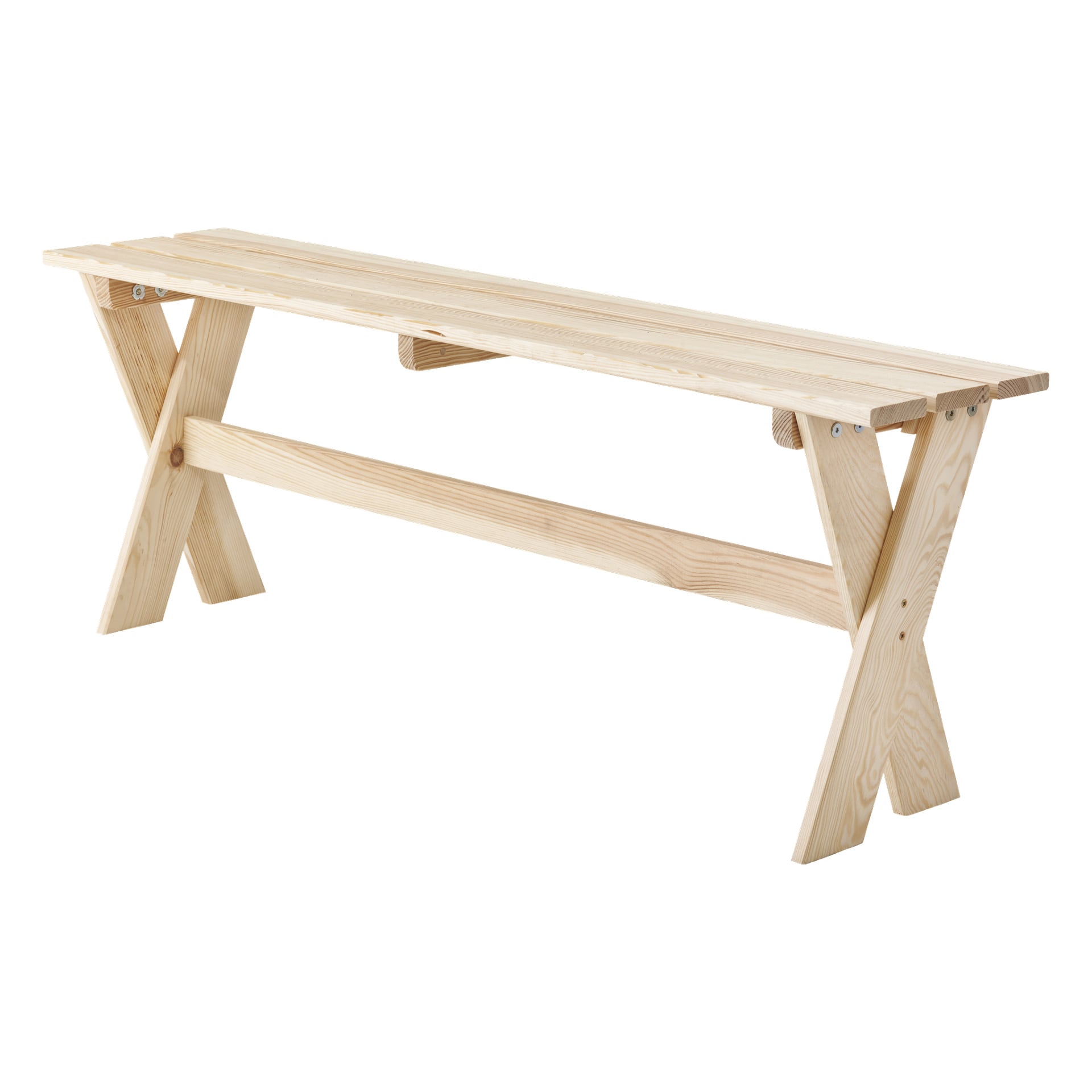 EKVIP Wood-bänken har ett minimalistiskt utseende med sin ljusa naturliga träfinish, slatsad sittdel och korsade benstöd. Designad utan armstöd eller ryggstöd, betonar den praktisk användning och rena linjer.