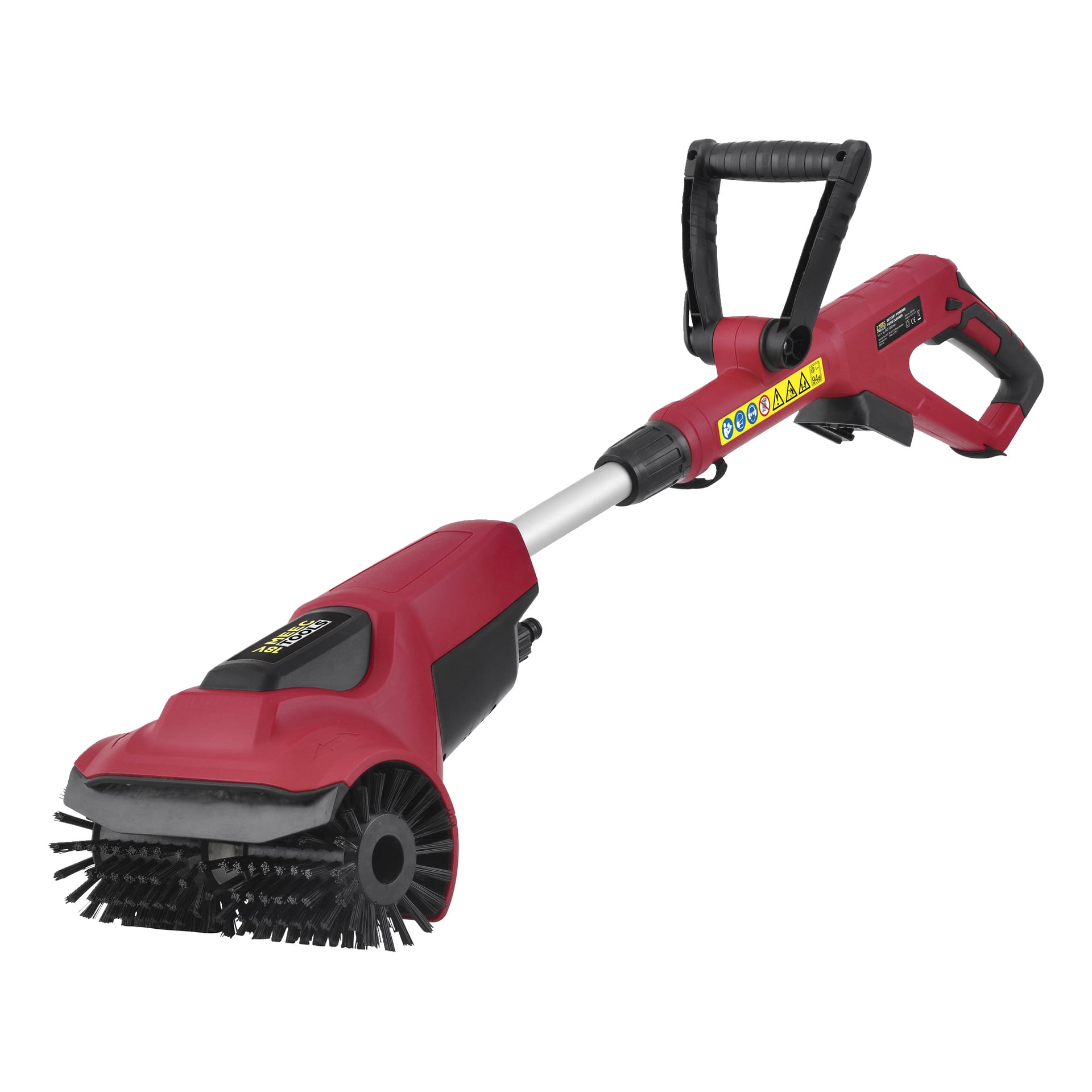 Meec Tools Multiseries PW-18V HOME 530 är en handhållen, batteridriven uteplatsrengörare i rött och svart, utrustad med roterande borsthuvud, ergonomiskt grepp och tydligt markerade kontroller för rengöring av olika ytor.