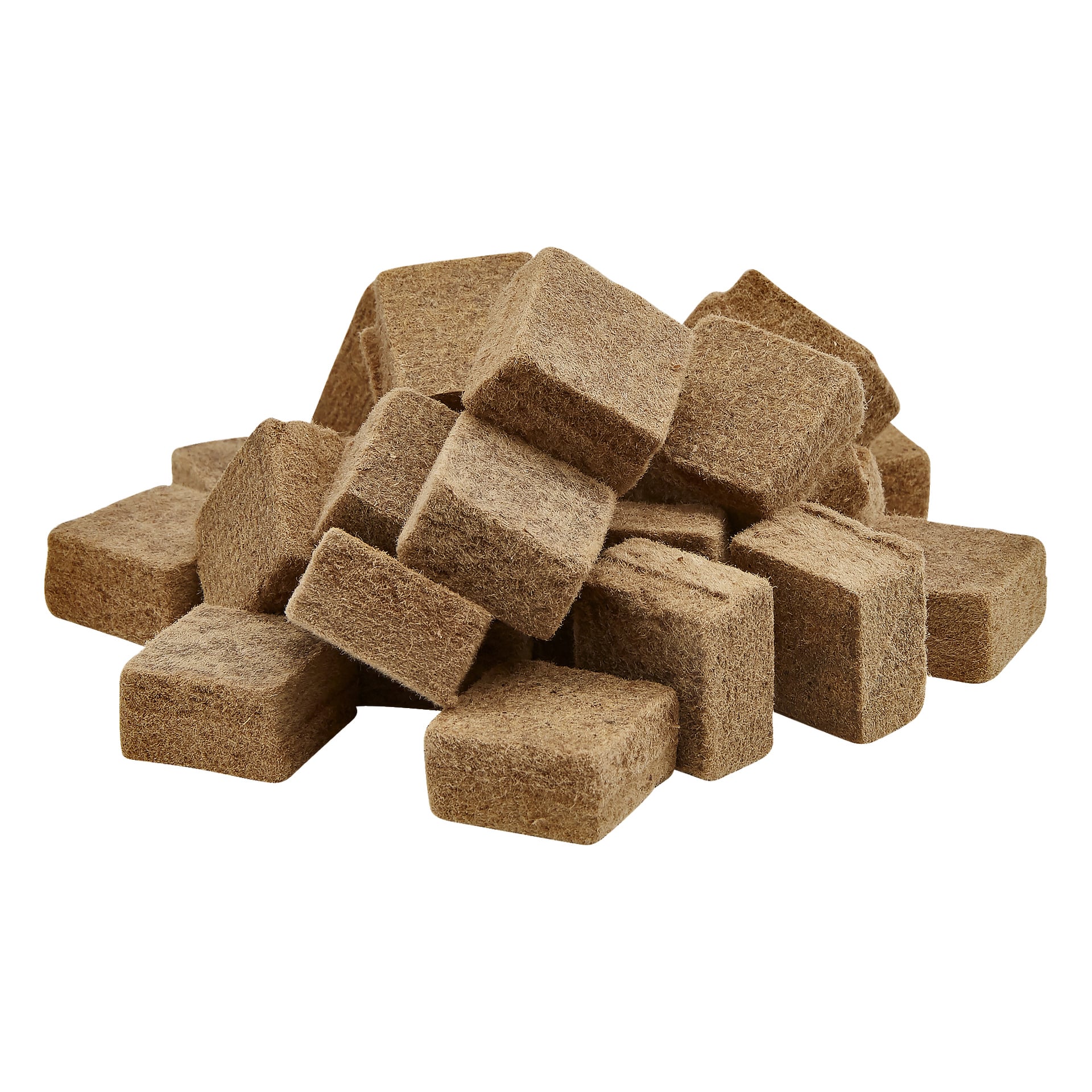 En stabel med brune, firkantede Anslut Fire Starter Cubes fra en 72-pakning er pent stablet. Kubene har en grov, kornete overflate og ser ut som de er laget av komprimert ildtenningsmateriale.