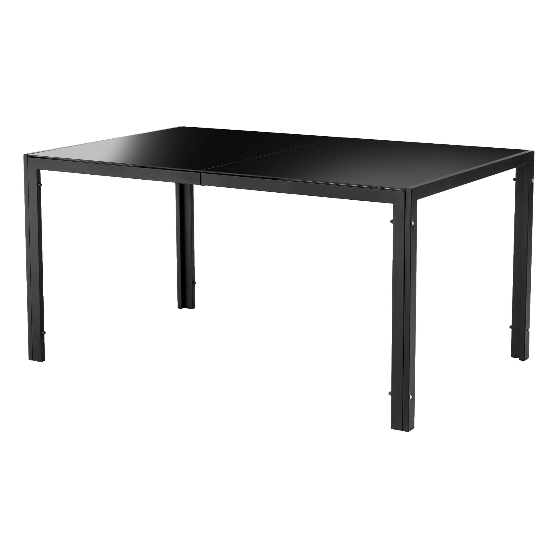 EKVIP-bordet har en slank svart rektangulär skiva som stöds av fyra raka ben, med en blank finish och minimalistisk design som kännetecknas av släta, odekorerade linjer.